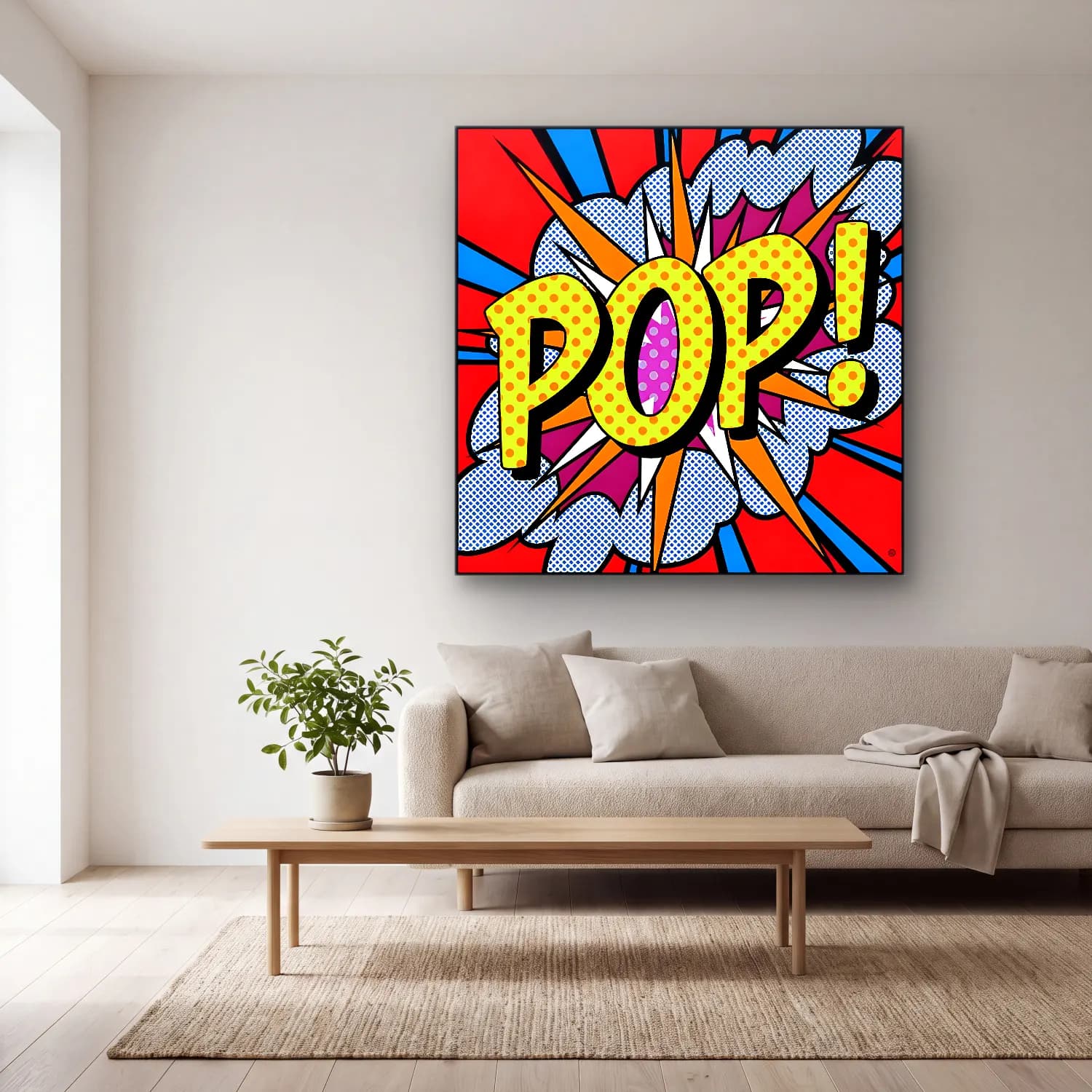 Pop Art Yazılı Tasarım – Kırmızı Tonlar cam tablo — açık renk salonda