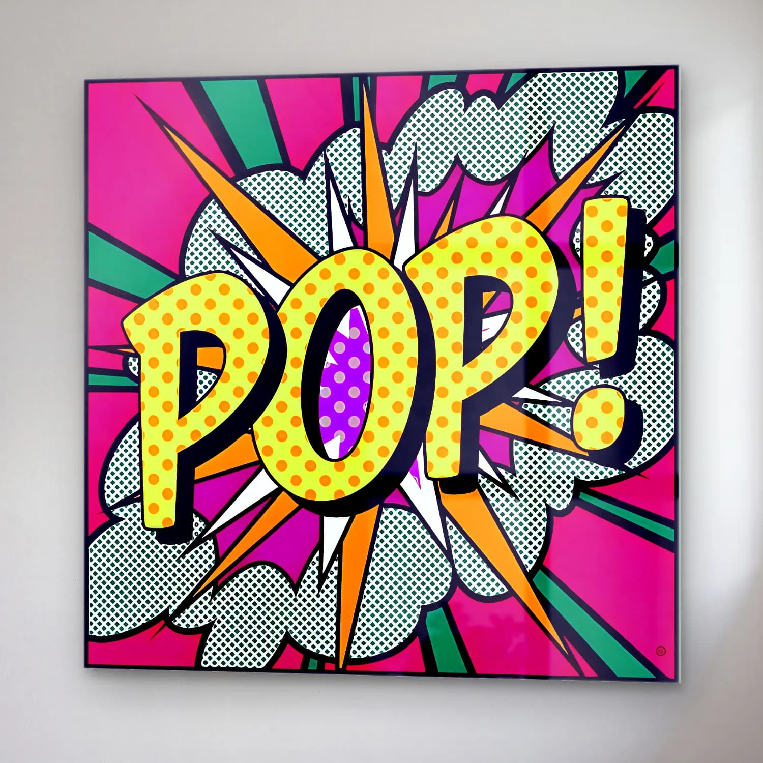 Pop Art Yazılı Tasarım – Kırmızı Tonlar cam tablo — sağ açıdan görünüm