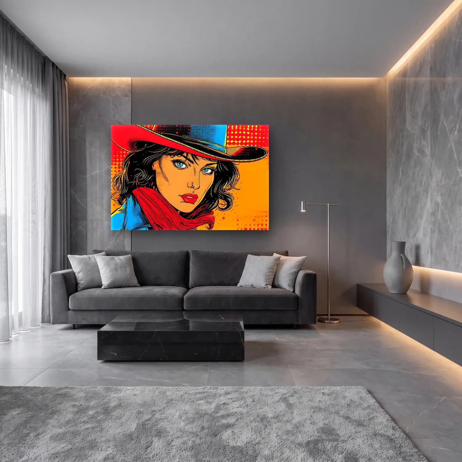 Pop Art Şapkalı Kadın No. 5 cam tablo — lüks salon duvarında