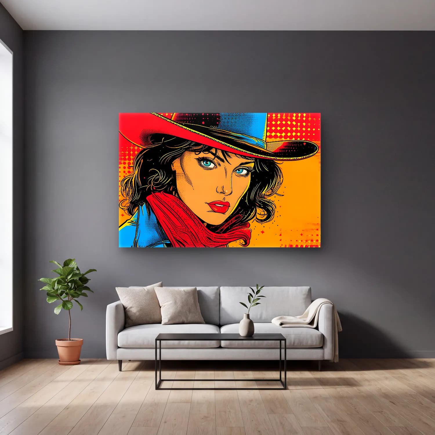 Pop Art Şapkalı Kadın No. 5 cam tablo — gri duvarlı salonda
