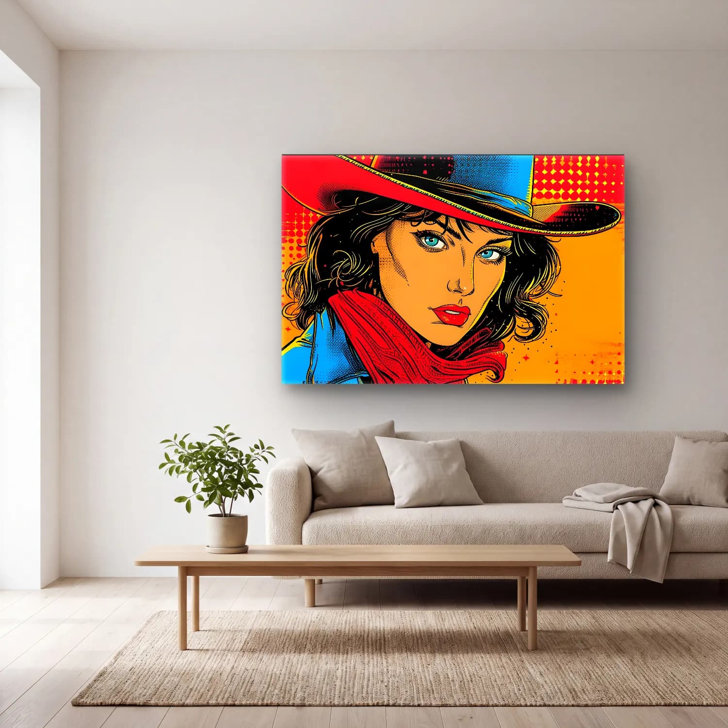 Pop Art Şapkalı Kadın No. 5 cam tablo — açık renk salonda