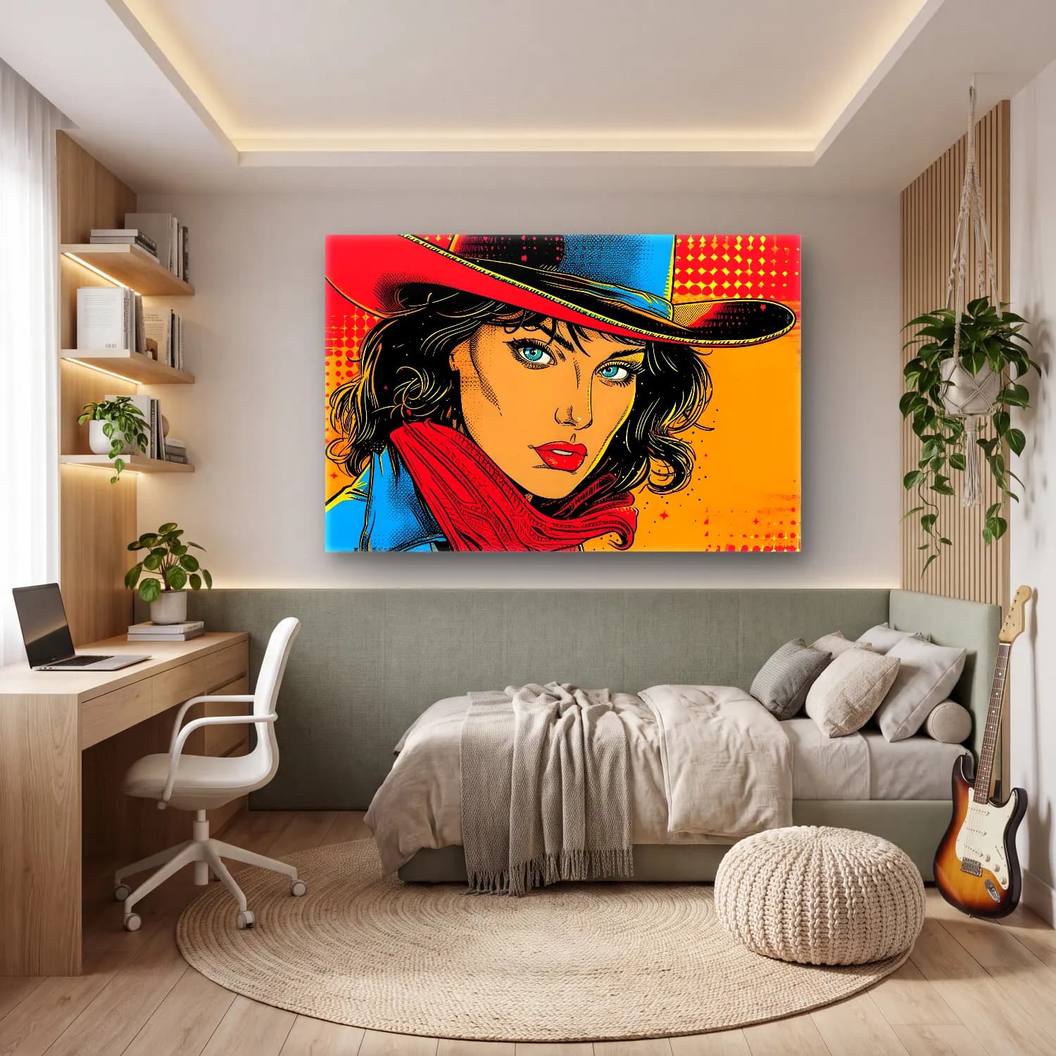 Pop Art Şapkalı Kadın No. 5 cam tablo — genç odasında