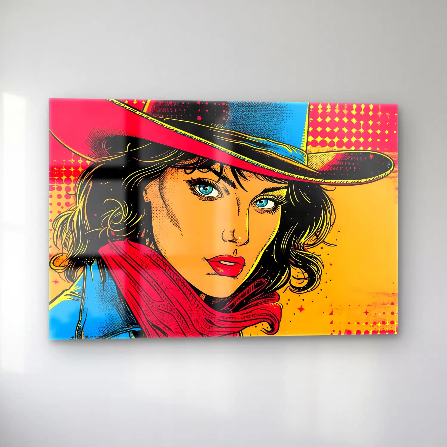 Pop Art Şapkalı Kadın No. 5 cam tablo — sol açıdan görünüm