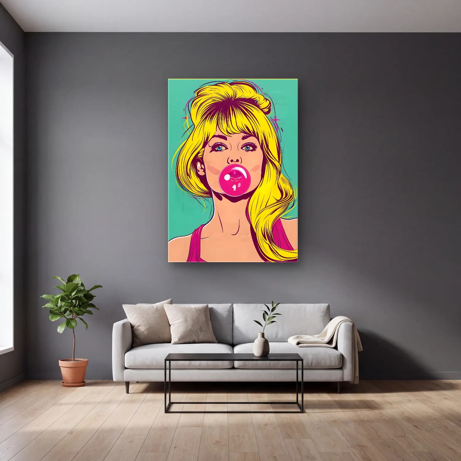 Pop Art Kız Çocuğu Portresi No. 8 cam tablo — gri duvarlı salonda