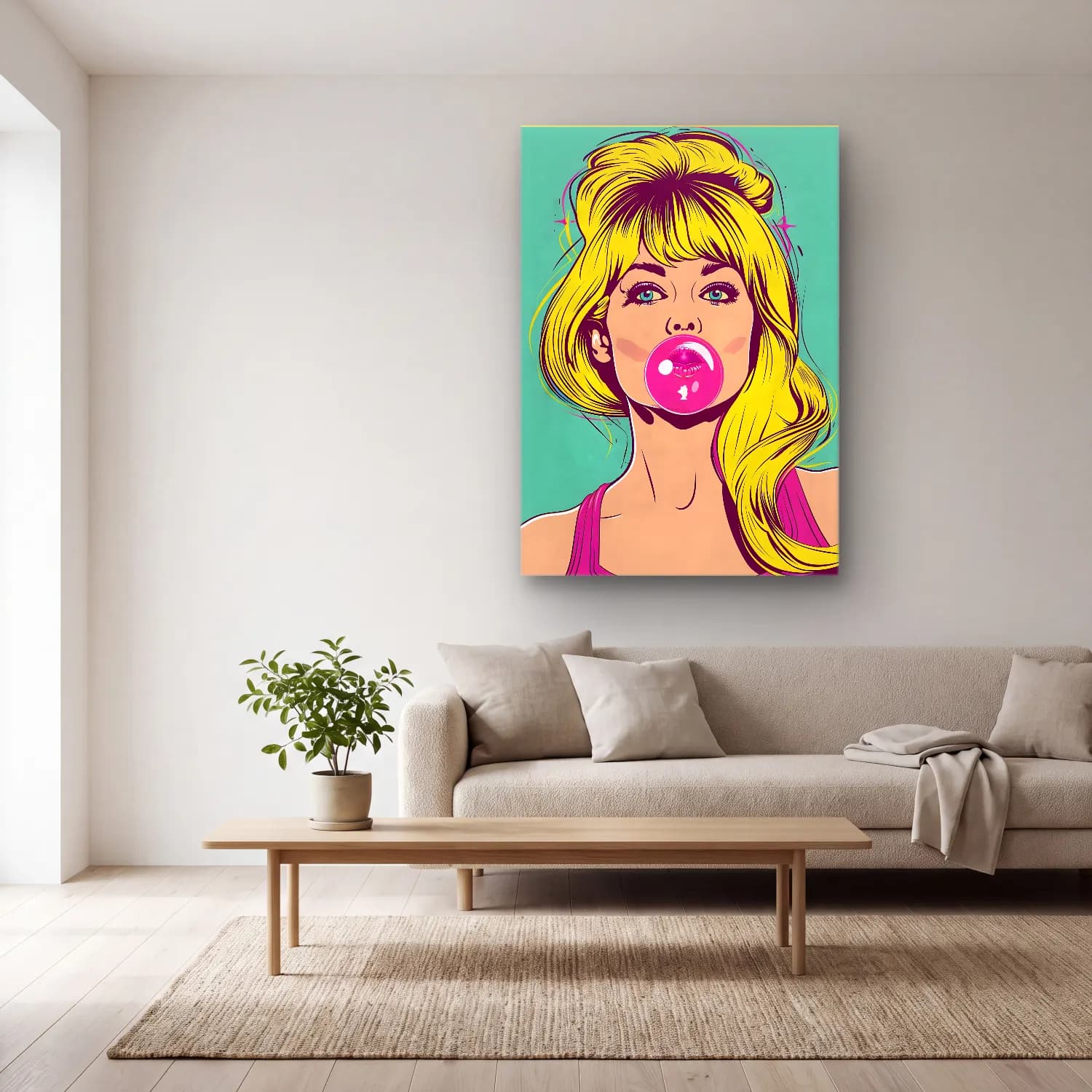 Pop Art Kız Çocuğu Portresi No. 8 cam tablo — açık renk salonda