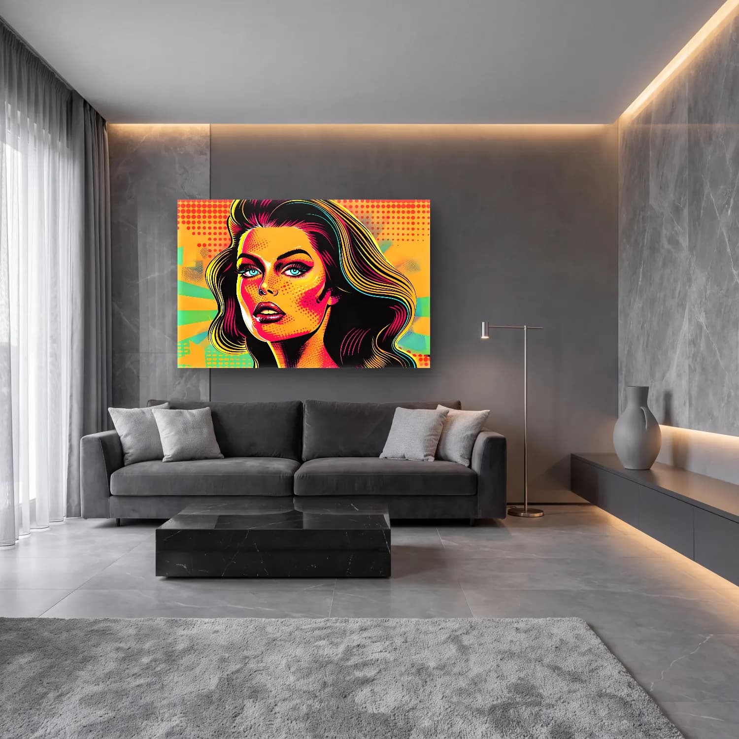Pop Art Moda İllüstrasyonu No. 22 cam tablo — lüks salon duvarında