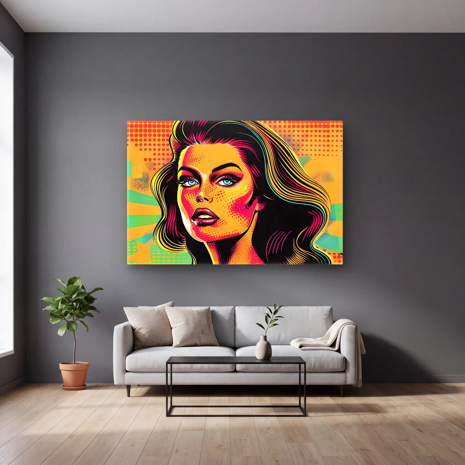 Pop Art Moda İllüstrasyonu No. 22 cam tablo — gri duvarlı salonda