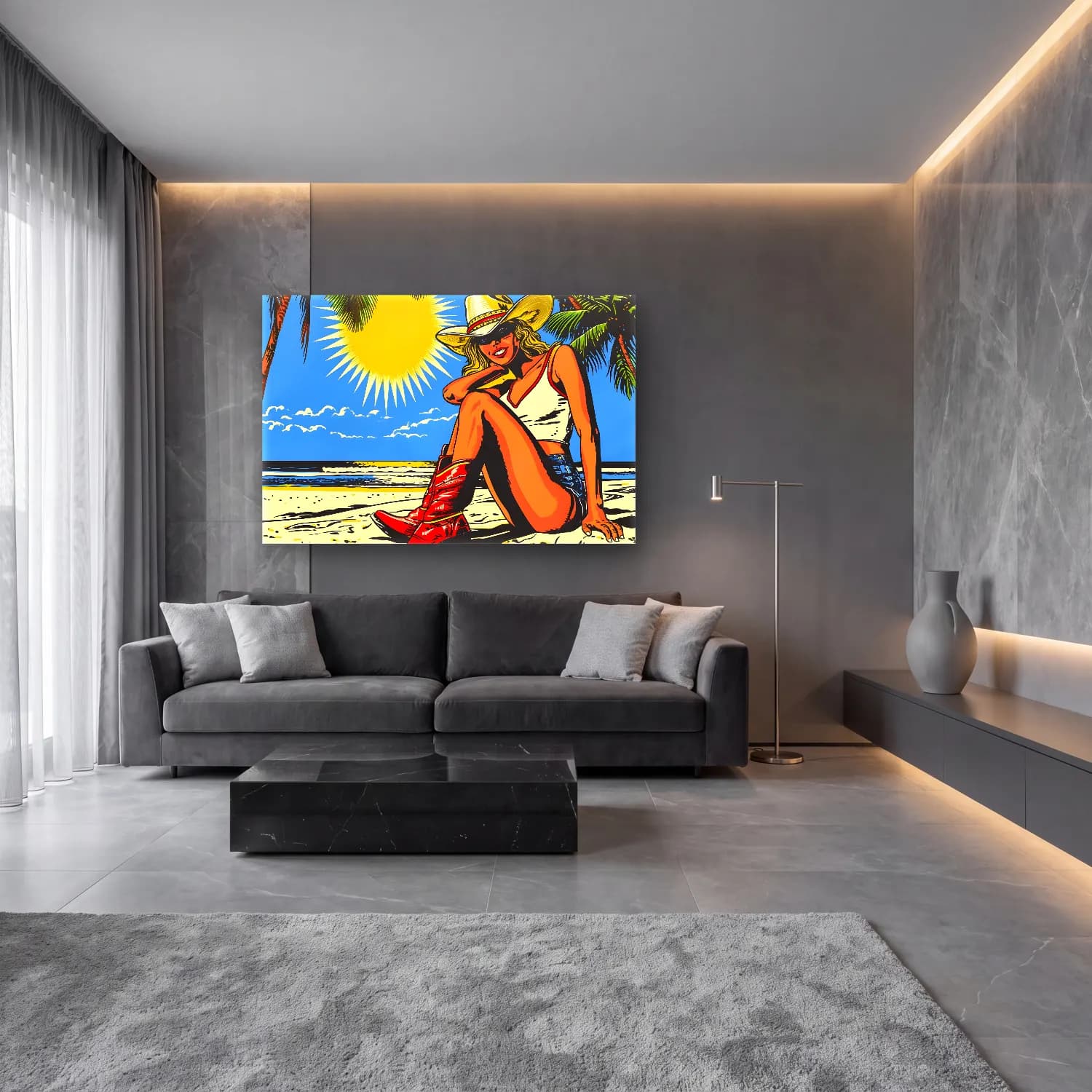 Pop Art Sahilde İnsanlar – Sarı Tonlar cam tablo — lüks salon duvarında