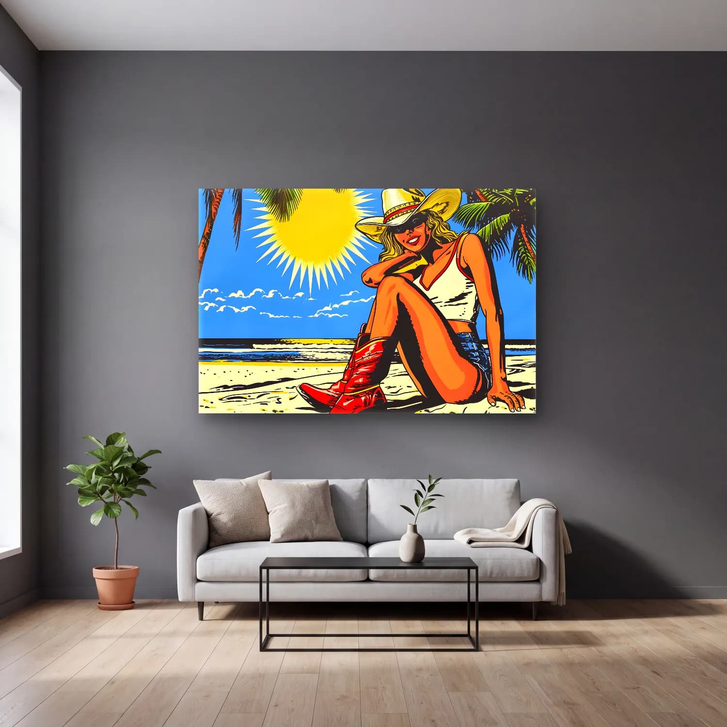 Pop Art Sahilde İnsanlar – Sarı Tonlar cam tablo — gri duvarlı salonda