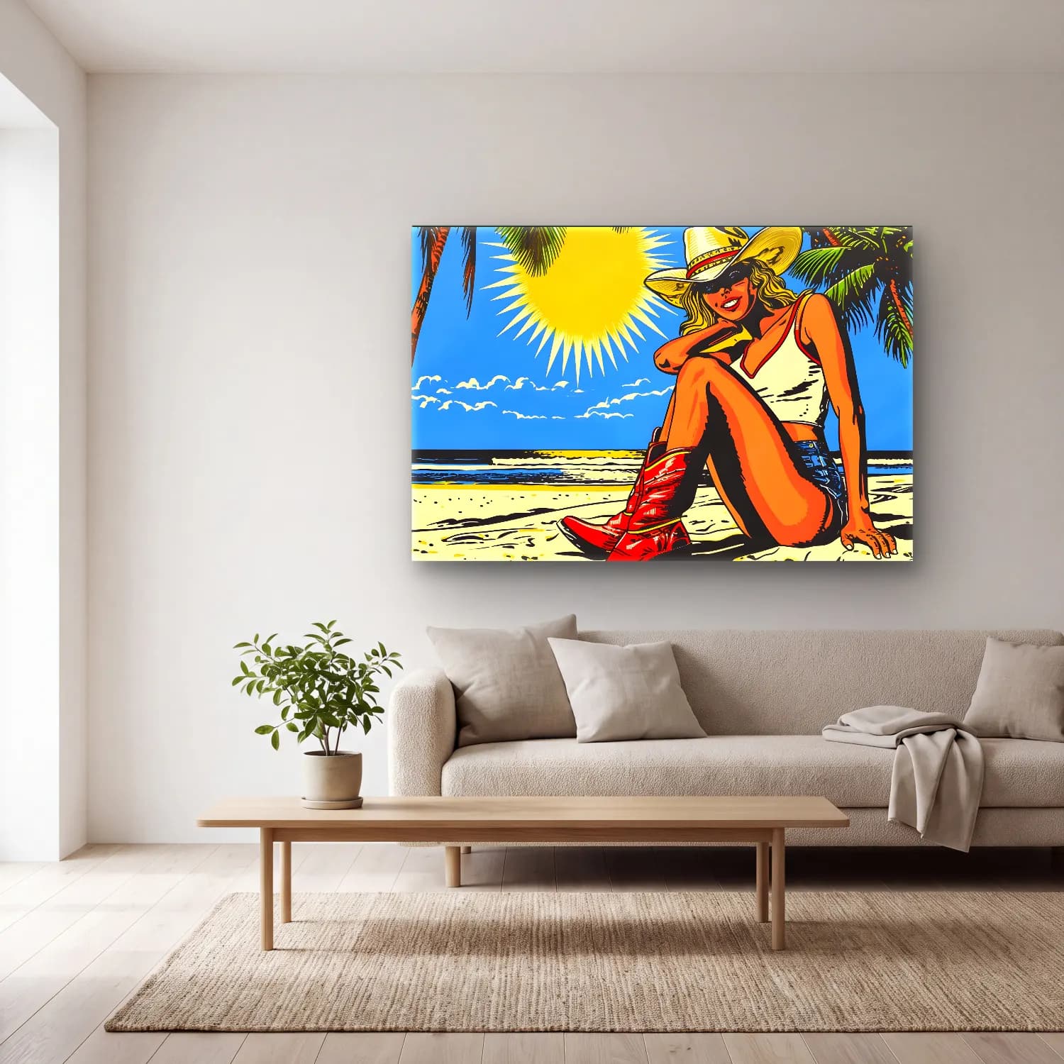 Pop Art Sahilde İnsanlar – Sarı Tonlar cam tablo — açık renk salonda