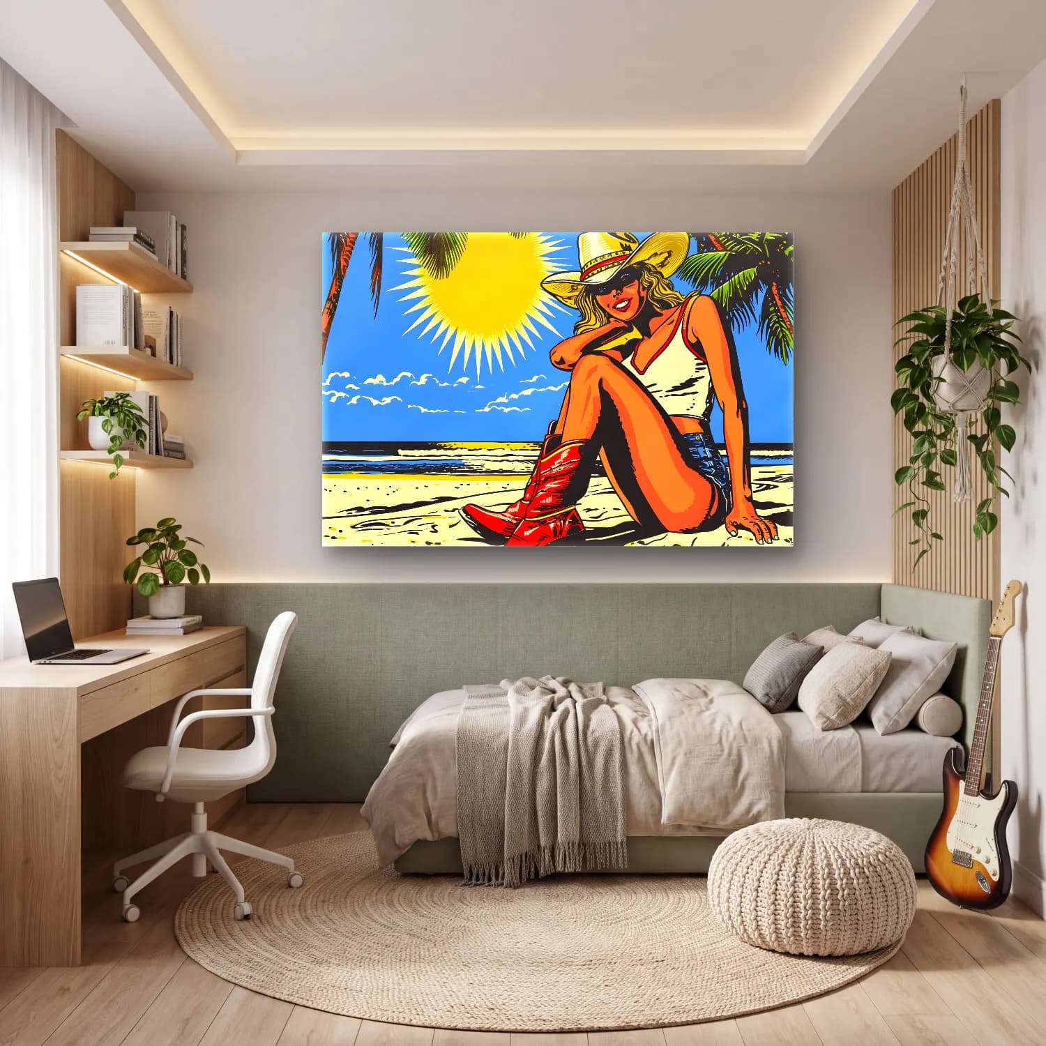 Pop Art Sahilde İnsanlar – Sarı Tonlar cam tablo — genç odasında