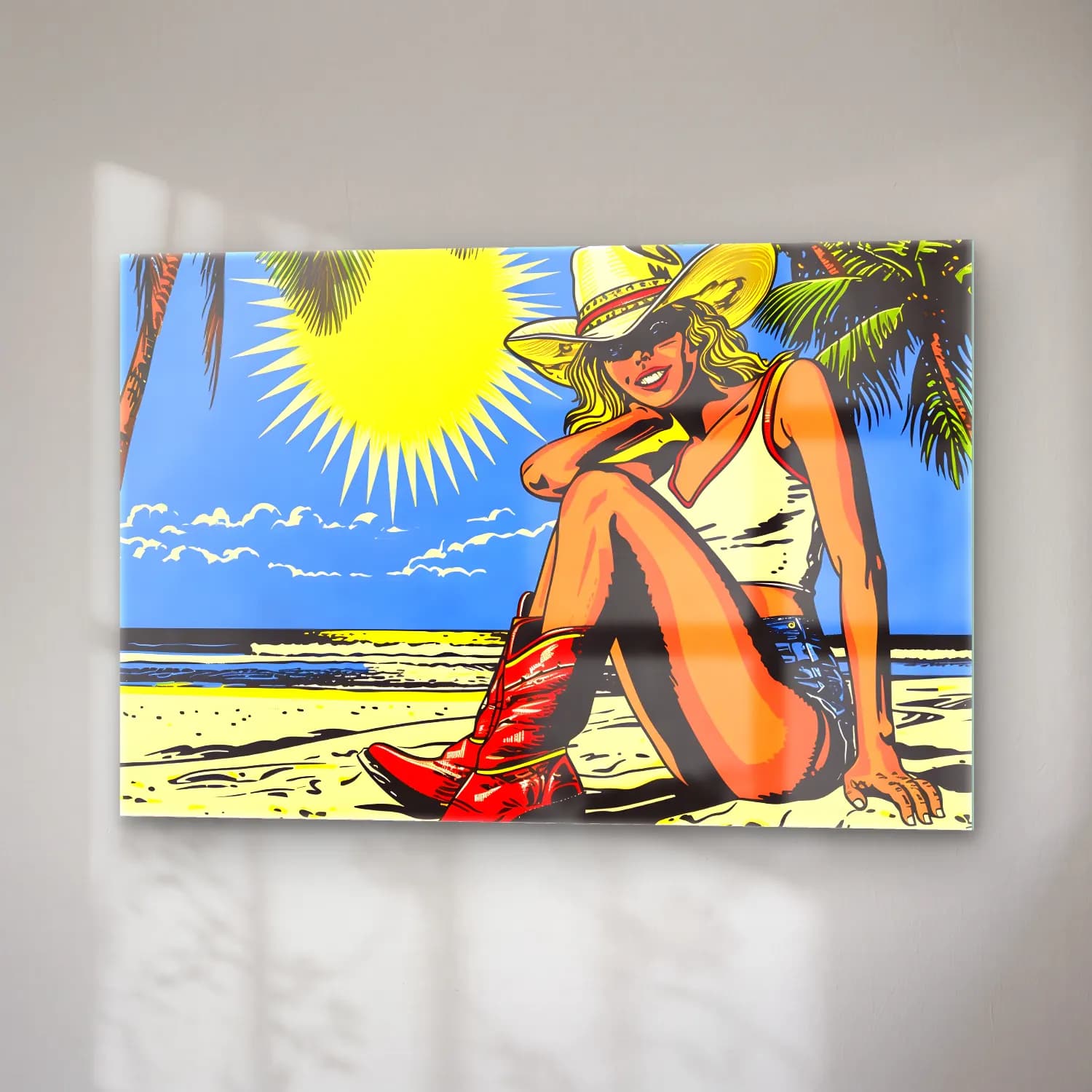 Pop Art Sahilde İnsanlar – Sarı Tonlar cam tablo — sağ açıdan görünüm