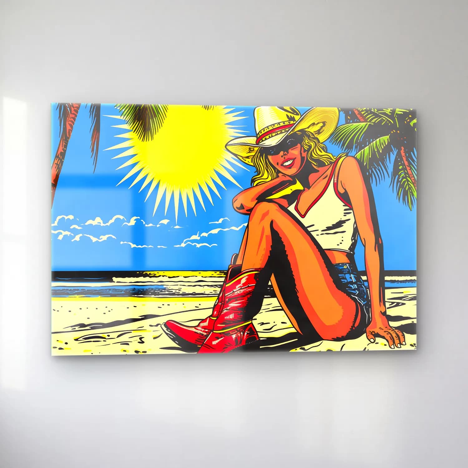 Pop Art Sahilde İnsanlar – Sarı Tonlar cam tablo — sol açıdan görünüm