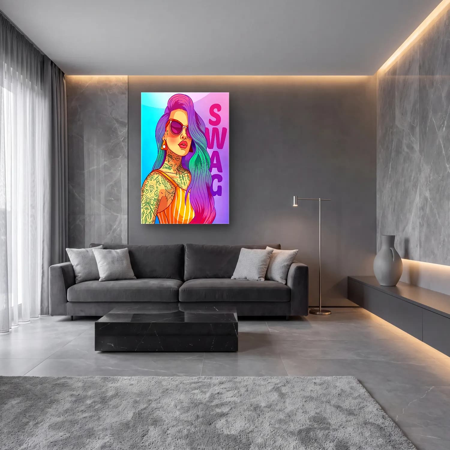 Sevimli İllüstrasyon Moda İllüstrasyonu – Mor Tonlar cam tablo — lüks salon duvarında