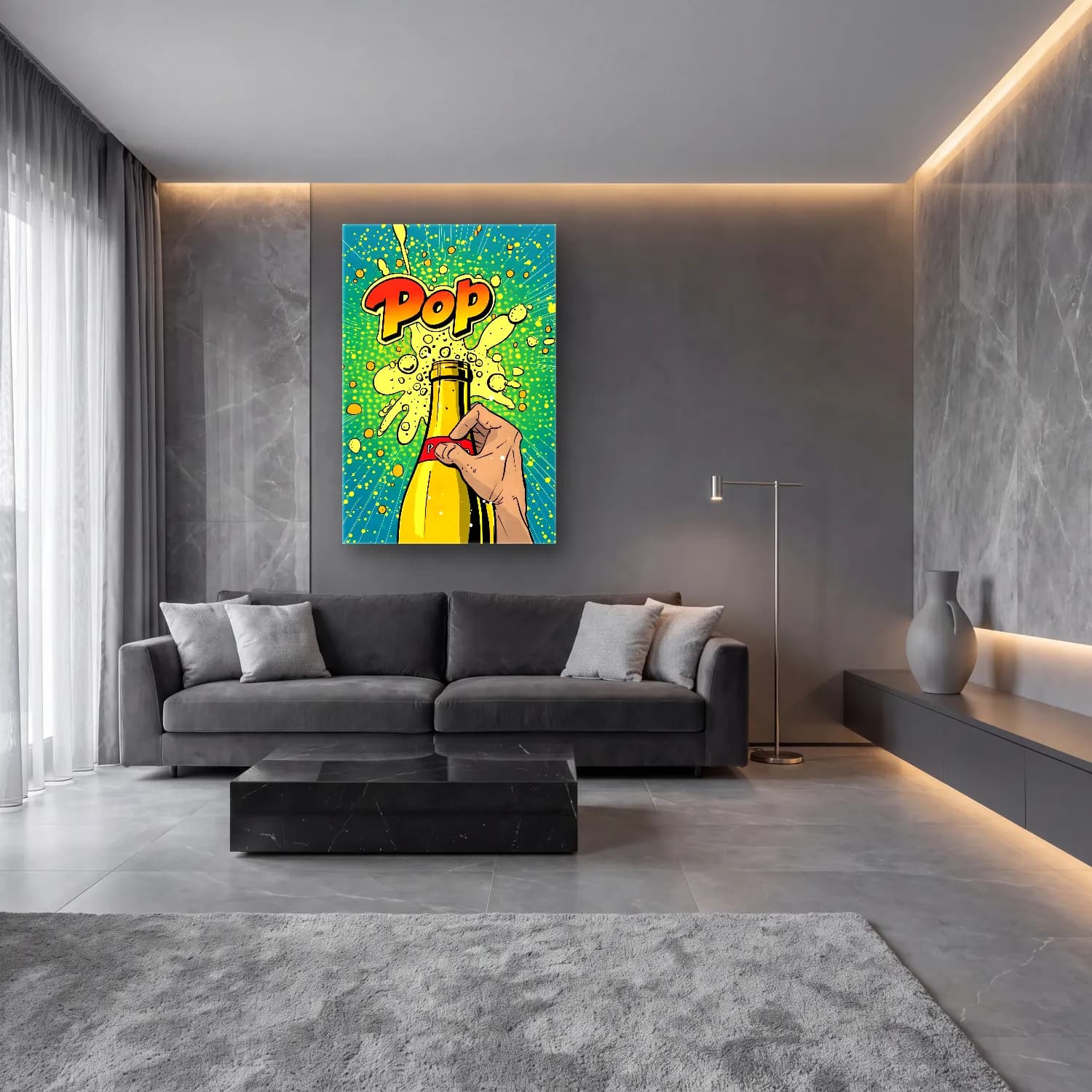 Pop Art Şampanya – Sarı Tonlar cam tablo — lüks salon duvarında