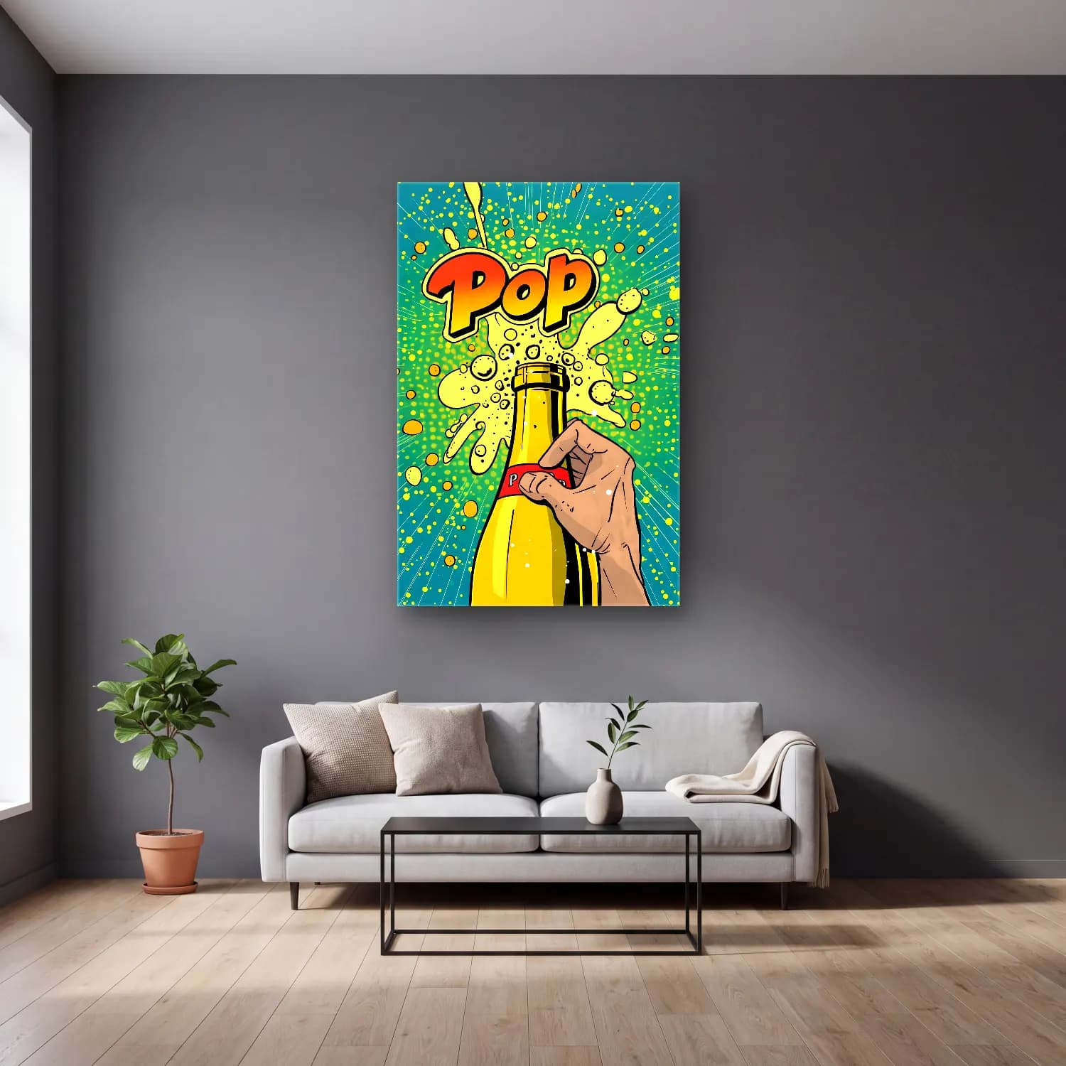 Pop Art Şampanya – Sarı Tonlar cam tablo — gri duvarlı salonda