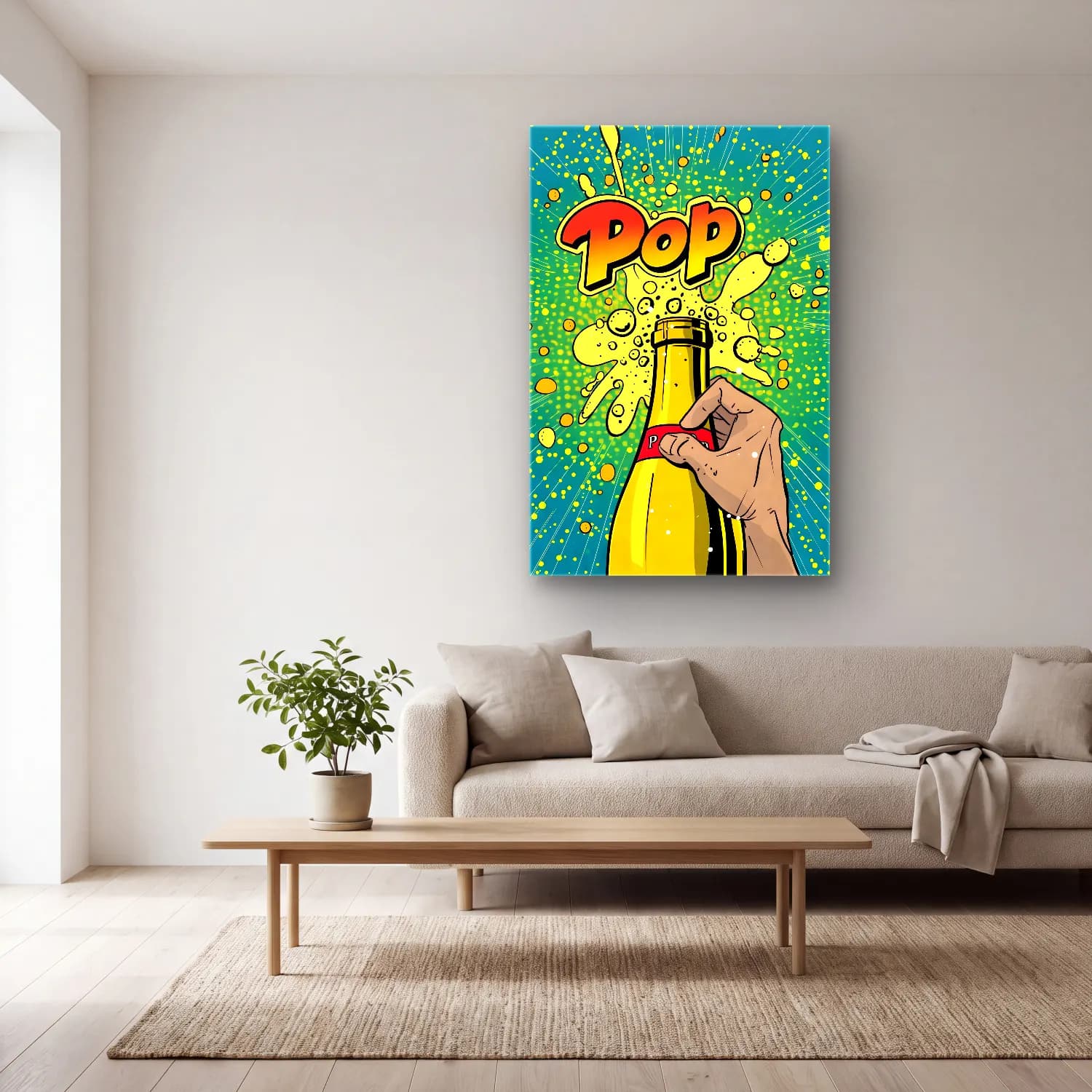 Pop Art Şampanya – Sarı Tonlar cam tablo — açık renk salonda