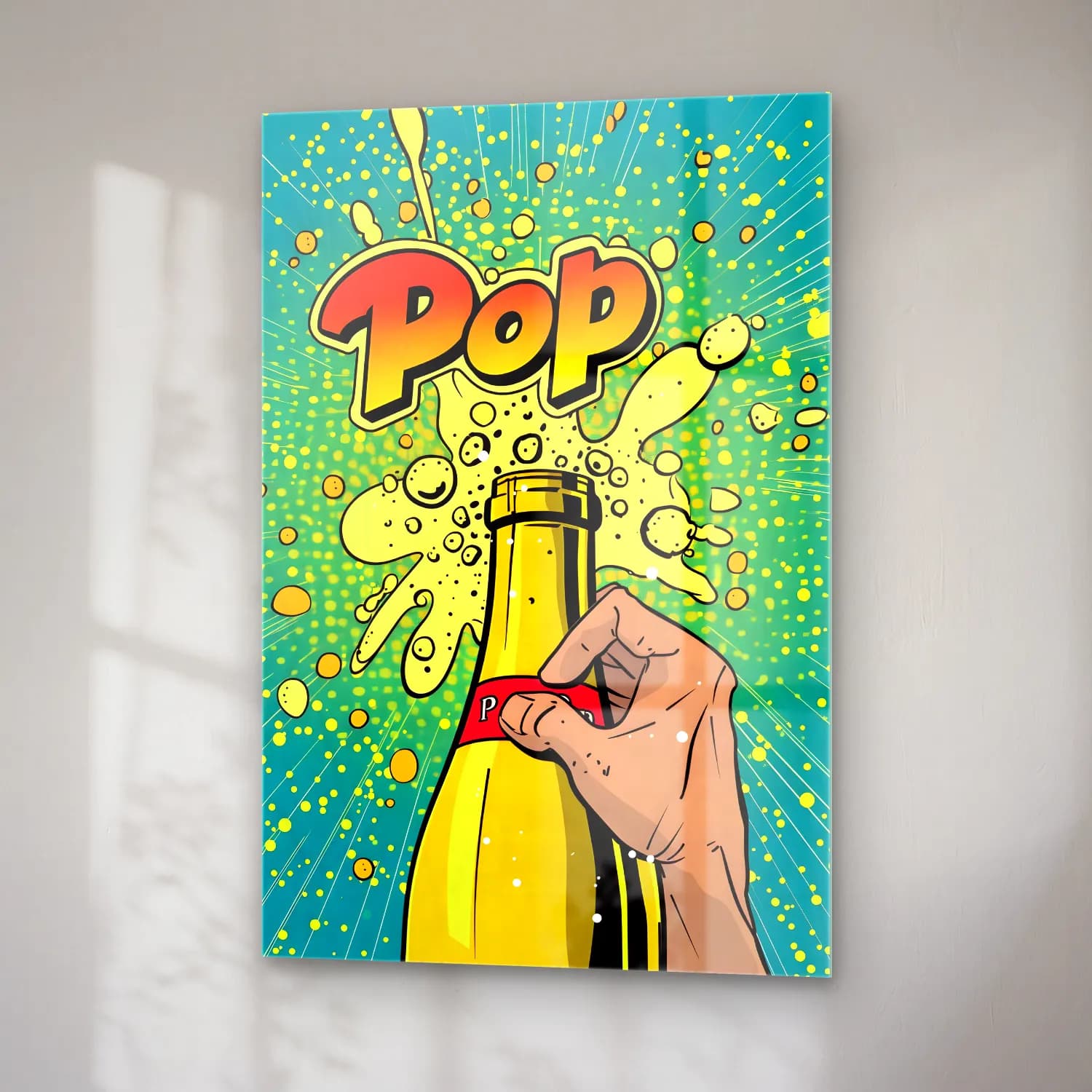 Pop Art Şampanya – Sarı Tonlar cam tablo — sağ açıdan görünüm
