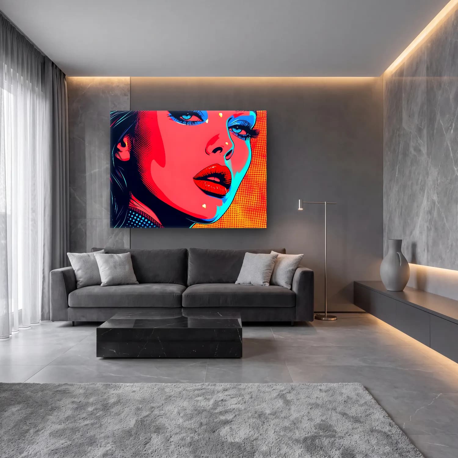 Pop Art Moda İllüstrasyonu No. 31 cam tablo — lüks salon duvarında
