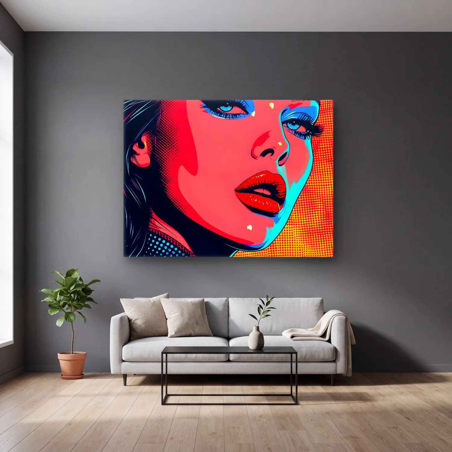 Pop Art Moda İllüstrasyonu No. 31 cam tablo — gri duvarlı salonda