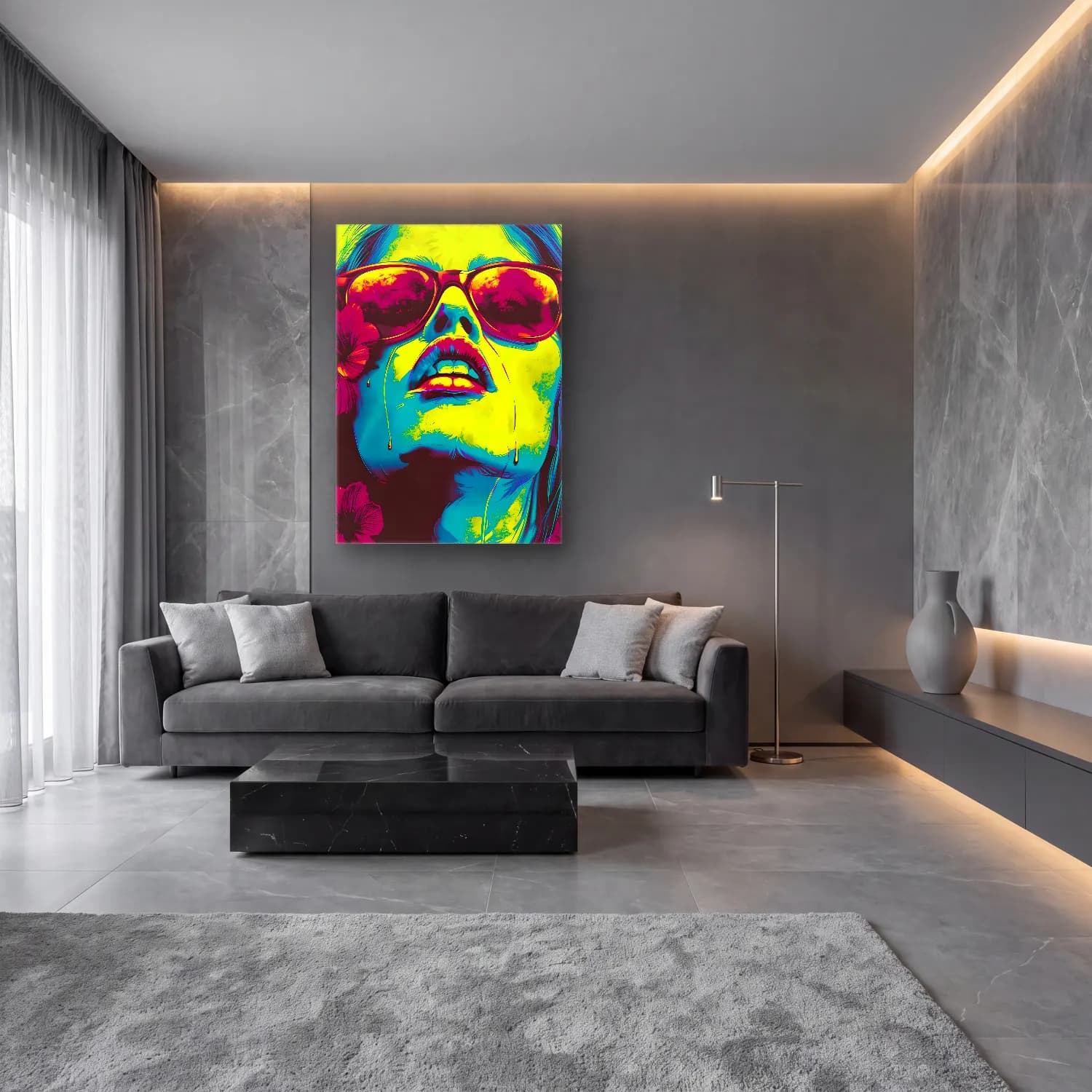 Pop Art Kadın Portresi No. 38 cam tablo — lüks salon duvarında