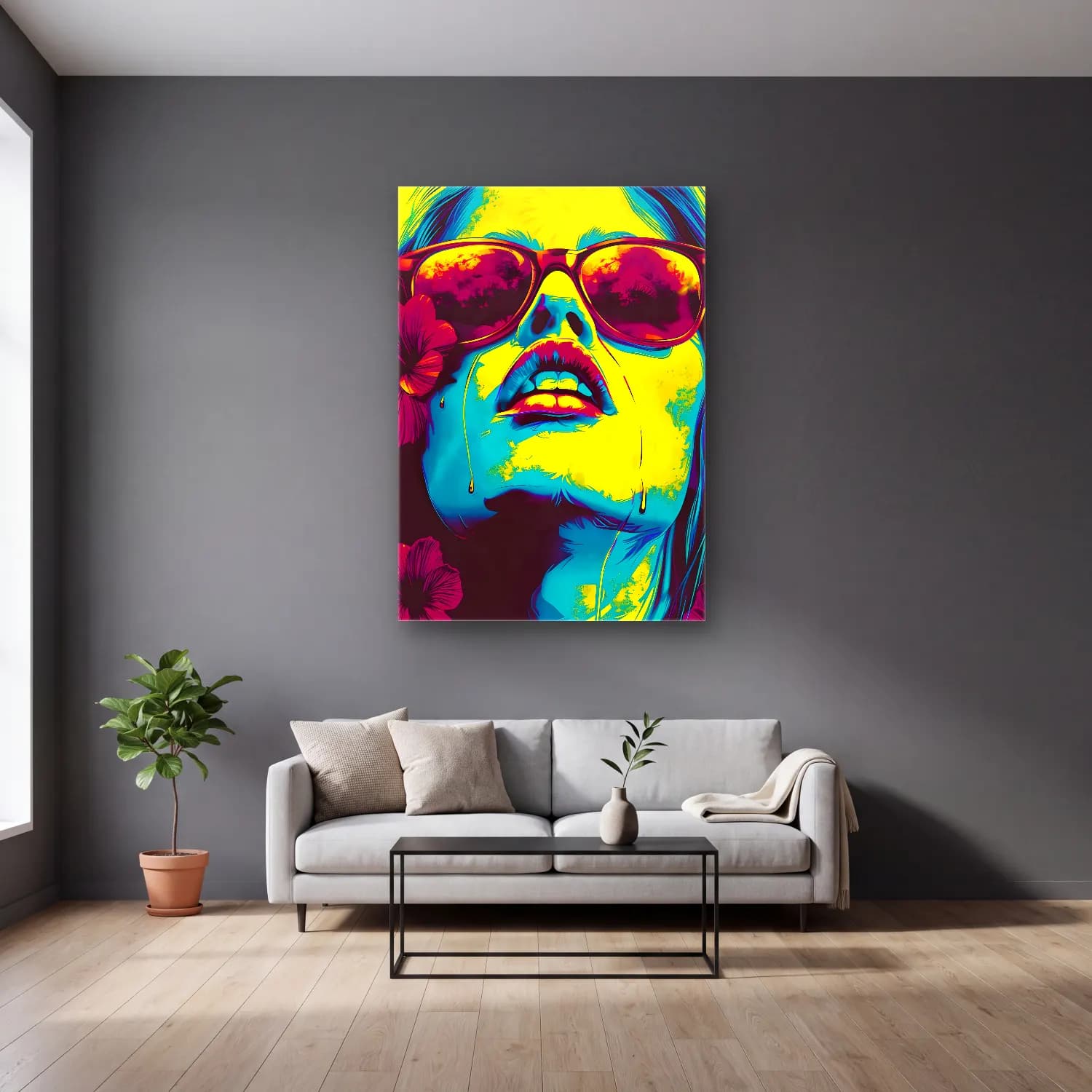 Pop Art Kadın Portresi No. 38 cam tablo — gri duvarlı salonda