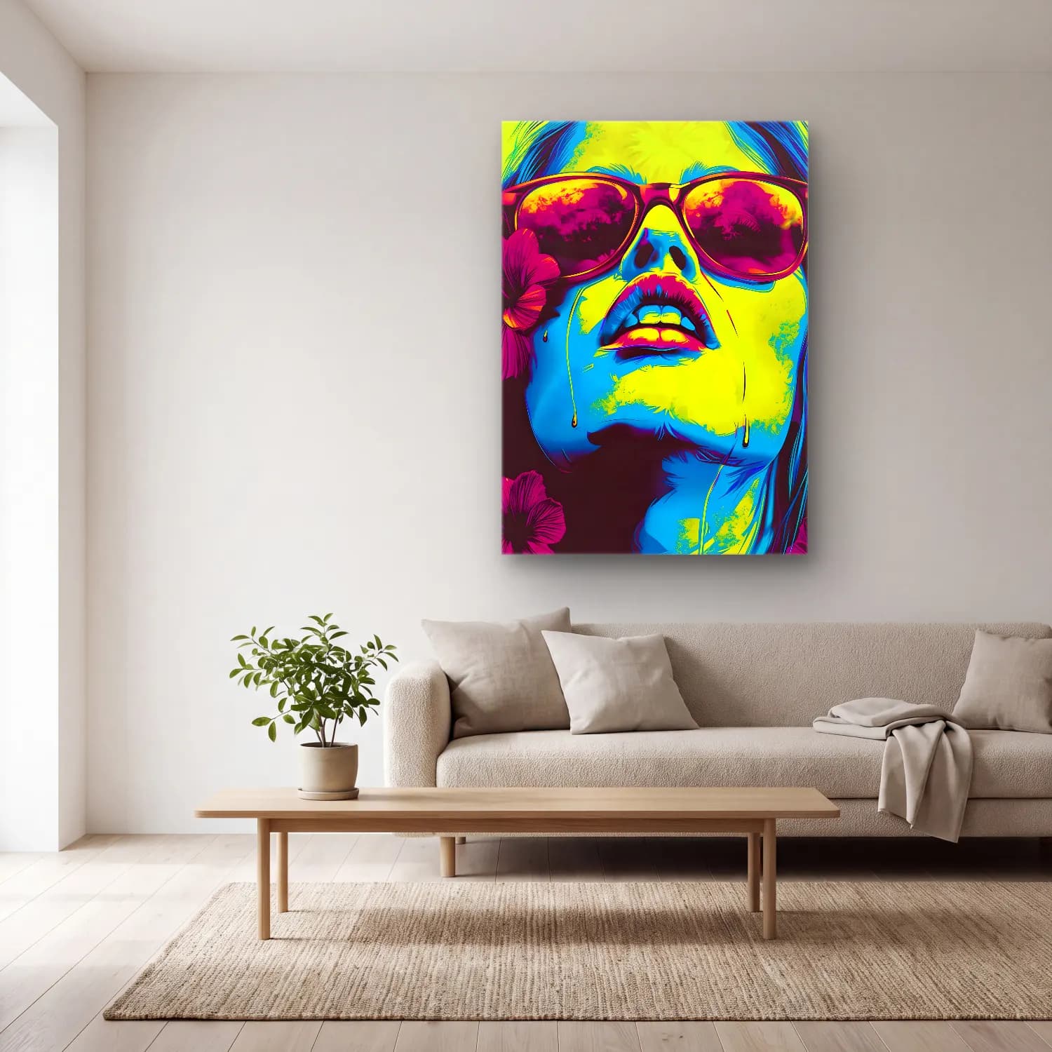 Pop Art Kadın Portresi No. 38 cam tablo — açık renk salonda
