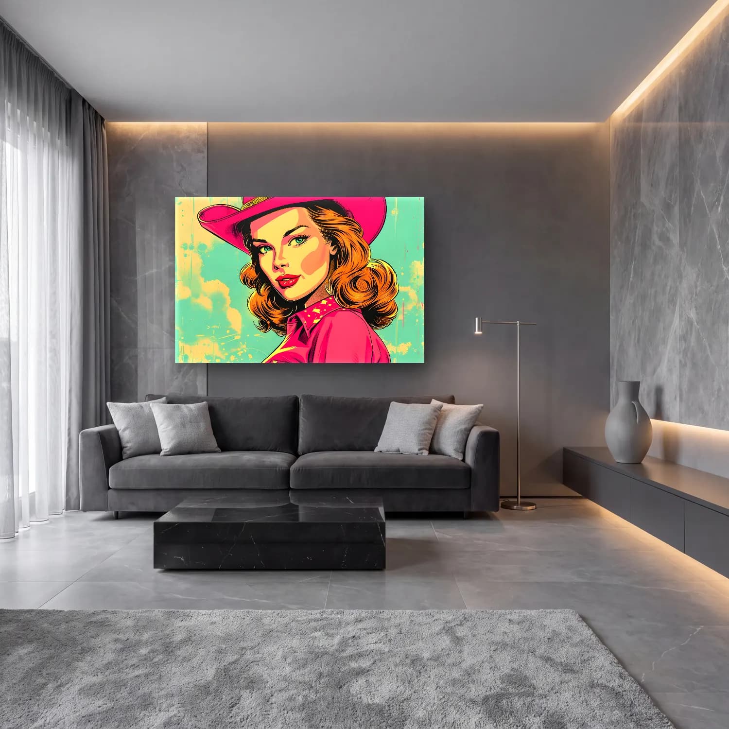 Pop Art Şapkalı Kadın No. 11 cam tablo — lüks salon duvarında