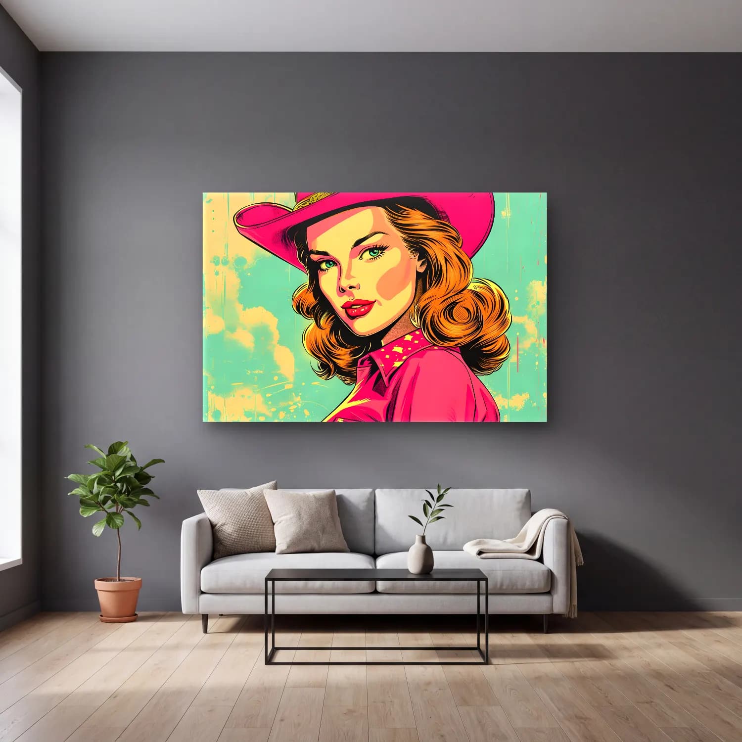 Pop Art Şapkalı Kadın No. 11 cam tablo — gri duvarlı salonda