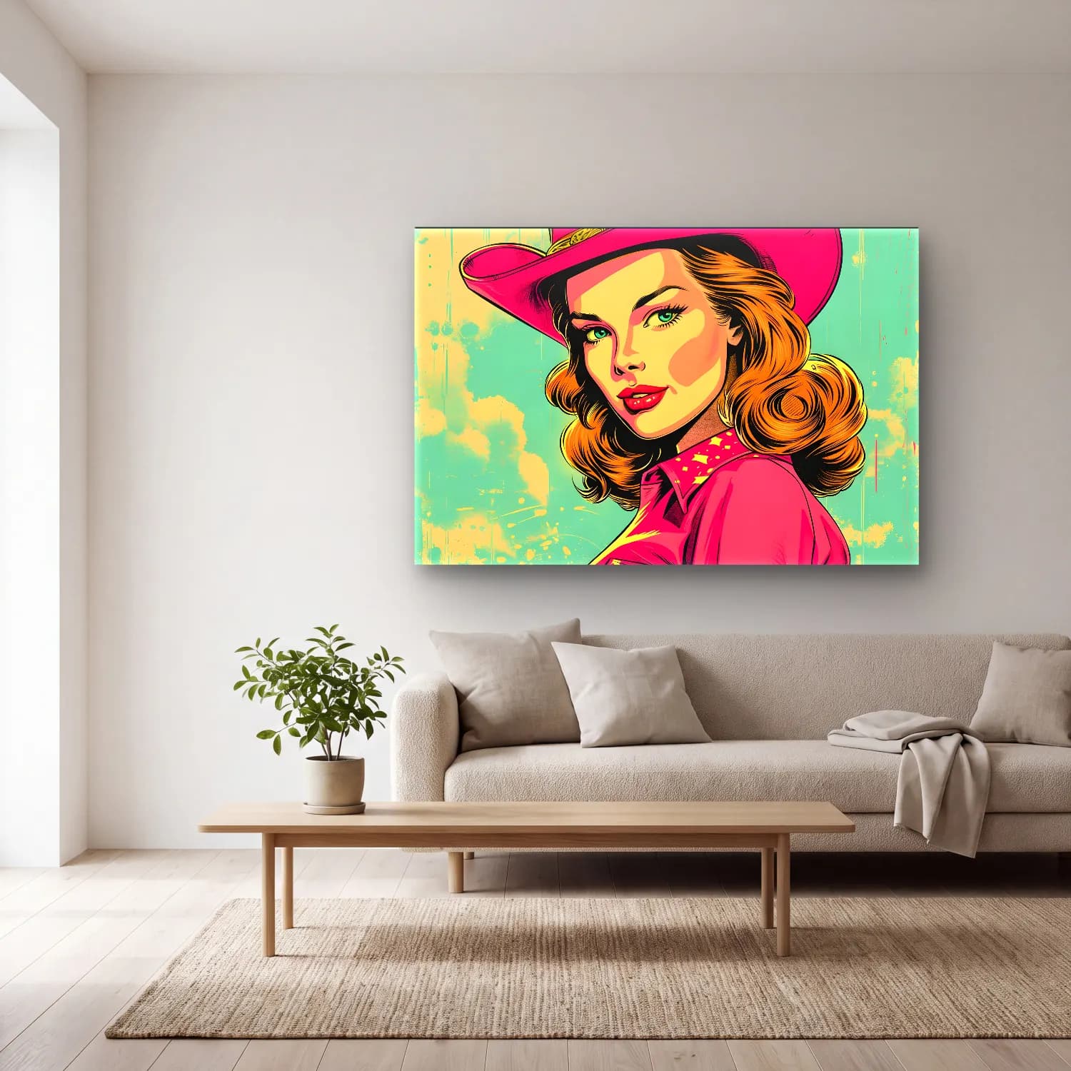 Pop Art Şapkalı Kadın No. 11 cam tablo — açık renk salonda