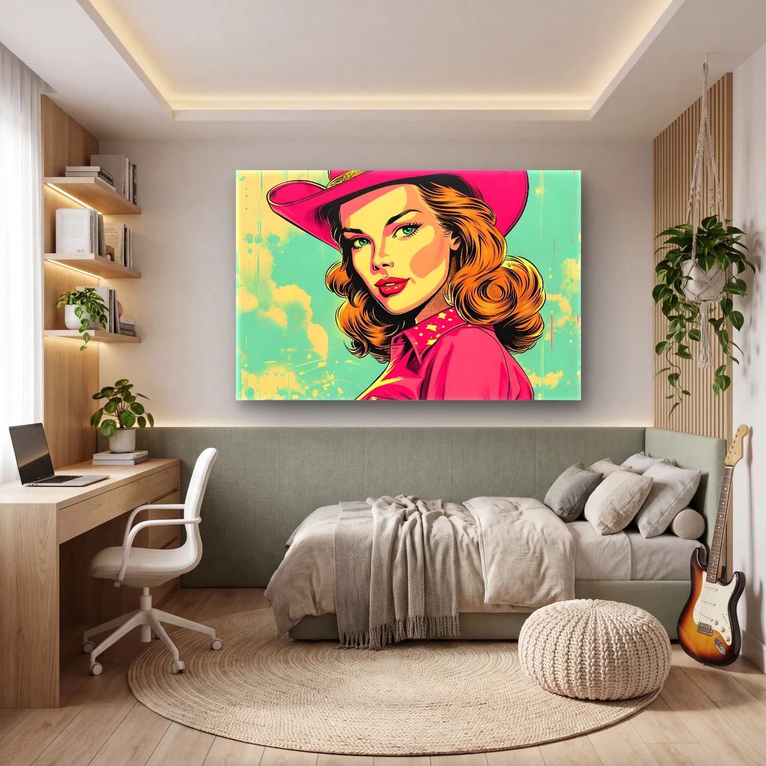 Pop Art Şapkalı Kadın No. 11 cam tablo — genç odasında