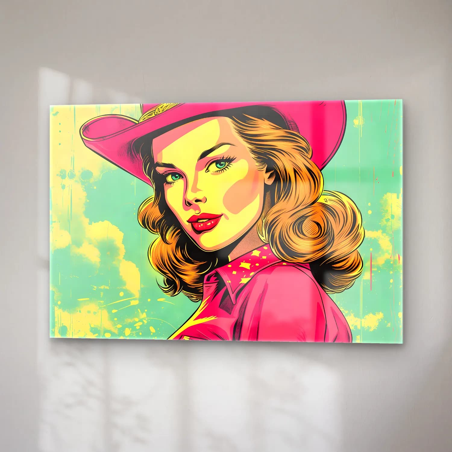 Pop Art Şapkalı Kadın No. 11 cam tablo — sağ açıdan görünüm