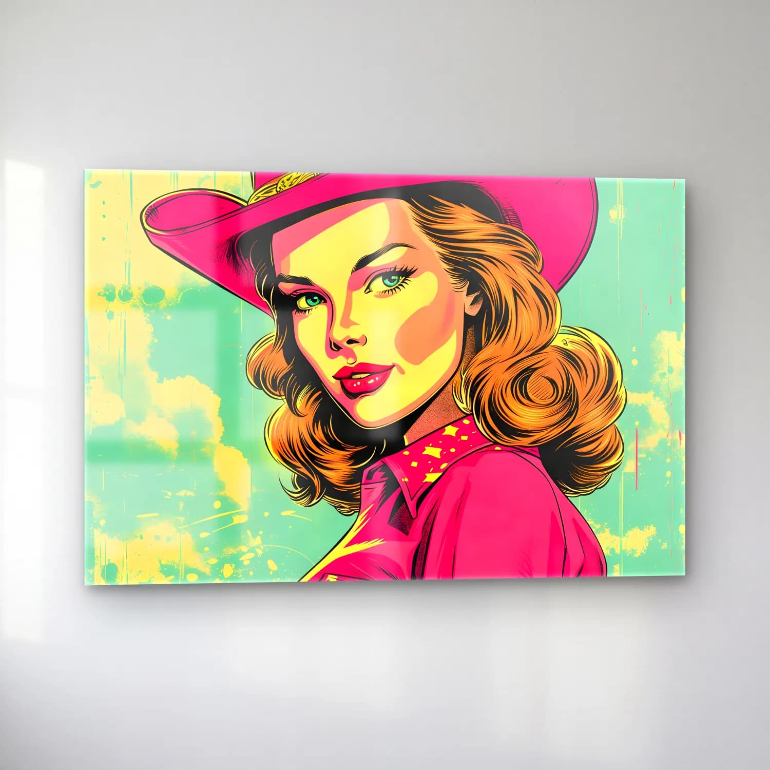 Pop Art Şapkalı Kadın No. 11 cam tablo — sol açıdan görünüm