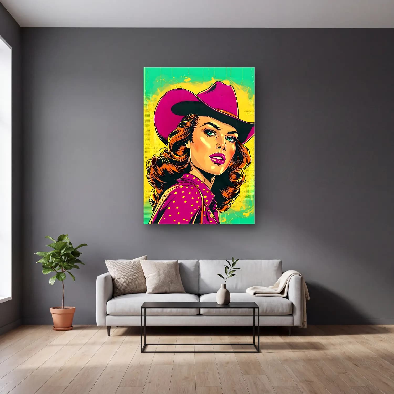 Pop Art Şapkalı Kadın No. 12 cam tablo — gri duvarlı salonda