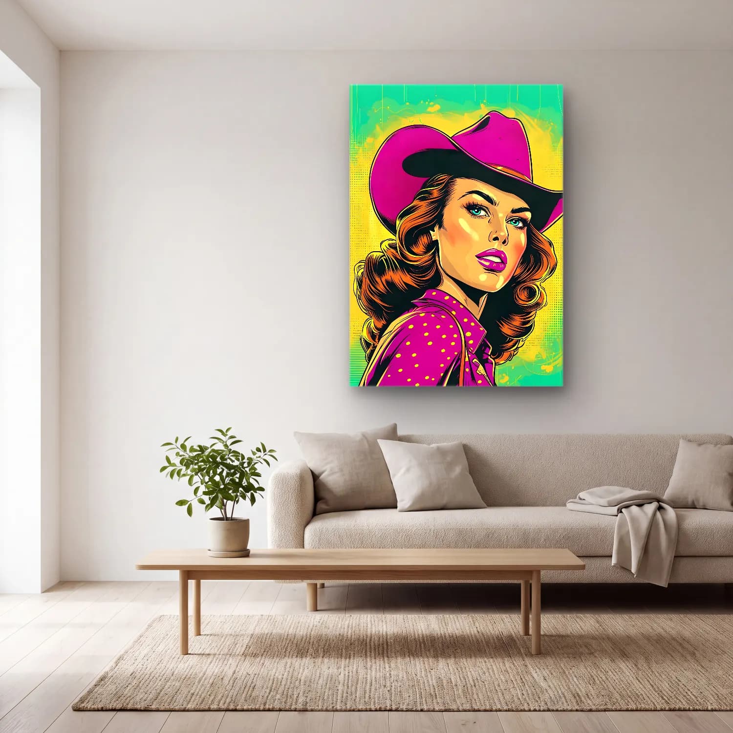 Pop Art Şapkalı Kadın No. 12 cam tablo — açık renk salonda
