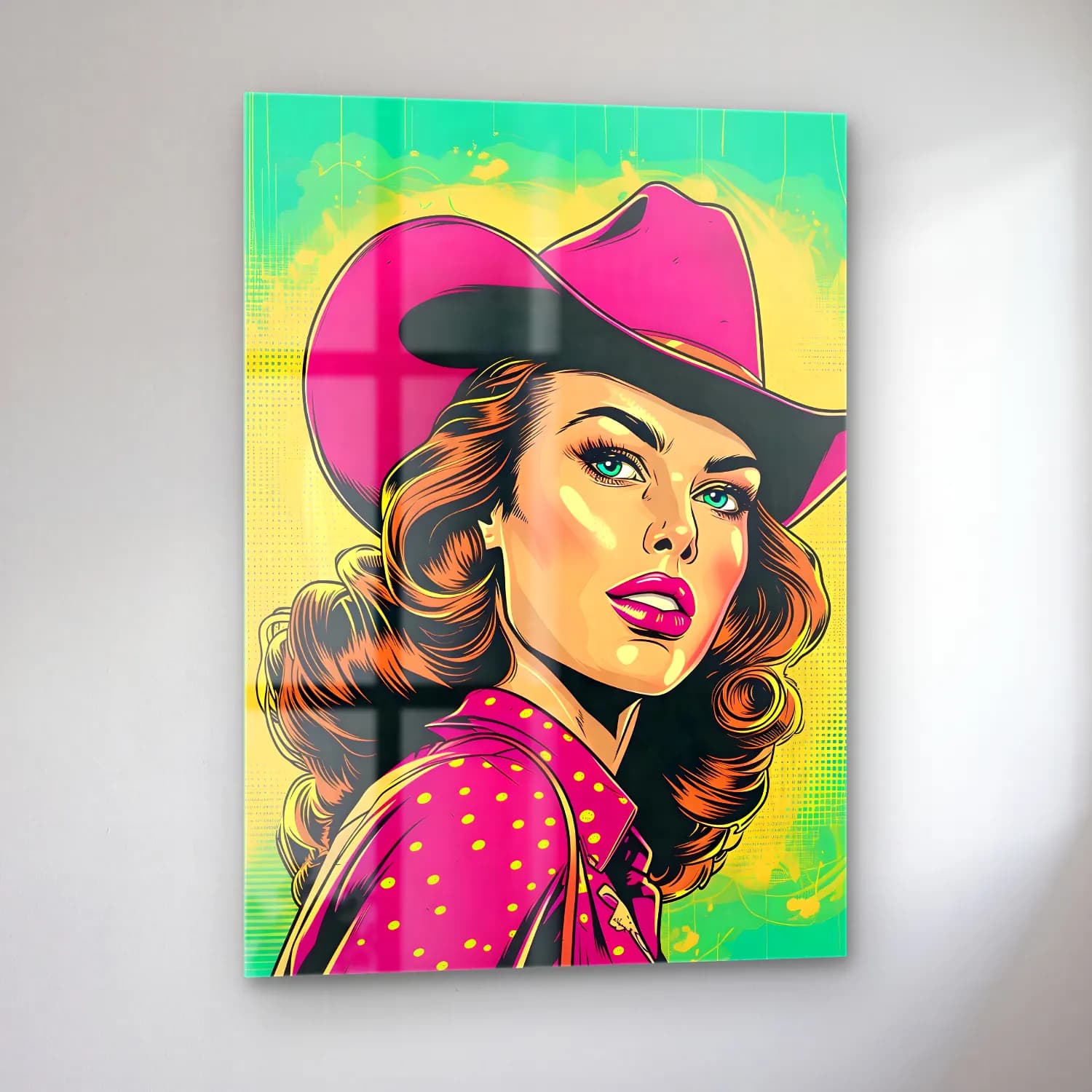 Pop Art Şapkalı Kadın No. 12 cam tablo — sol açıdan görünüm