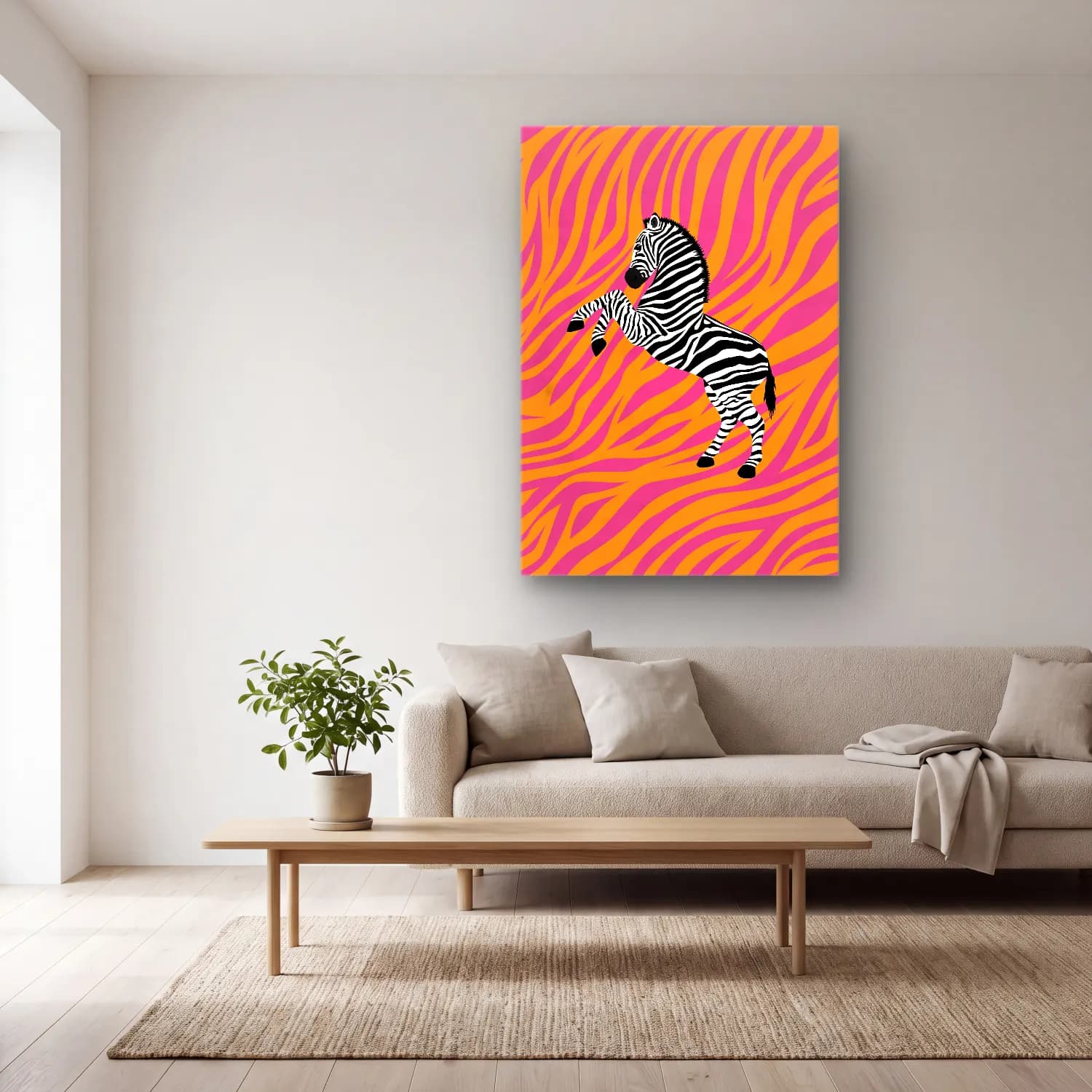Maksimalist Zebra No. 5 cam tablo — açık renk salonda