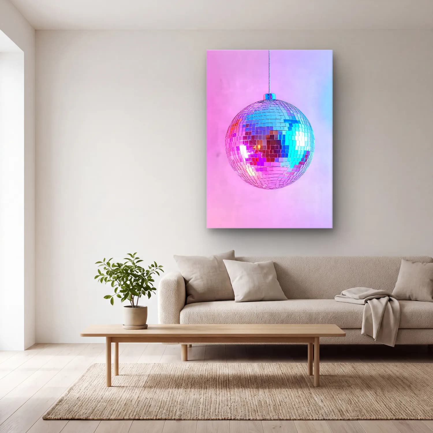 Pastel Yılbaşı Süsleri No. 52 cam tablo — açık renk salonda
