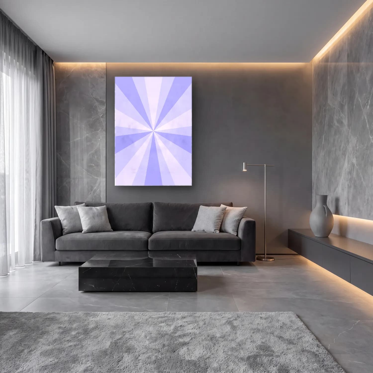 Pastel Dalgalı Çizgiler No. 5 cam tablo — lüks salon duvarında