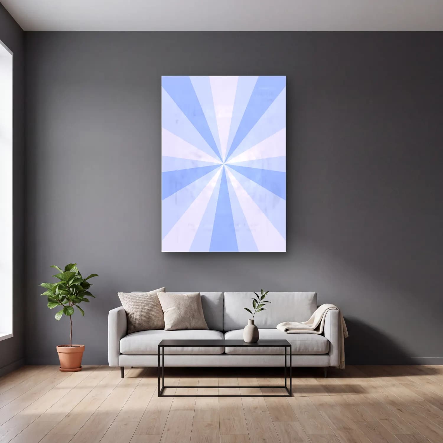 Pastel Dalgalı Çizgiler No. 5 cam tablo — gri duvarlı salonda