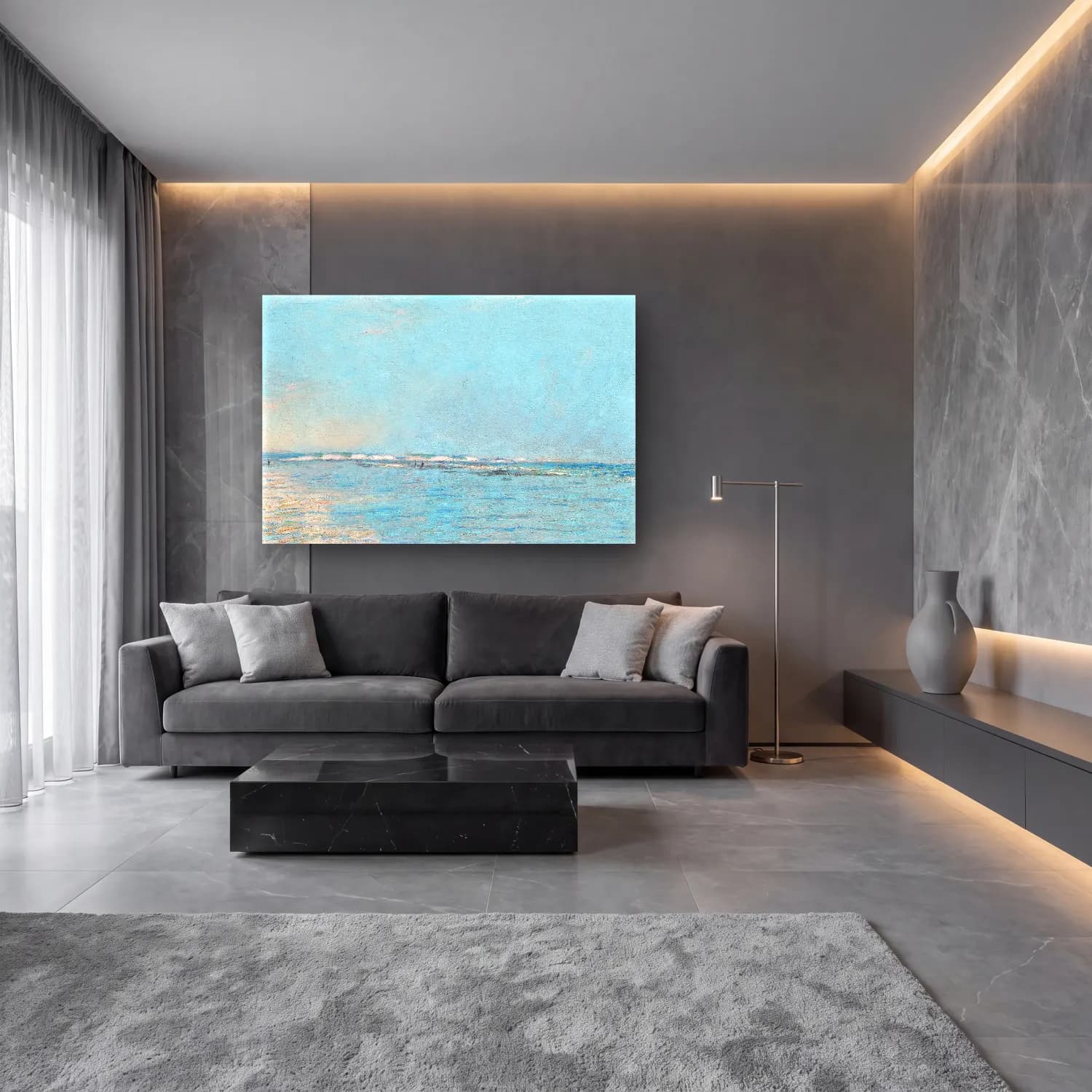 Claude Monet – Sakin Deniz Ufku cam tablo — lüks salon duvarında