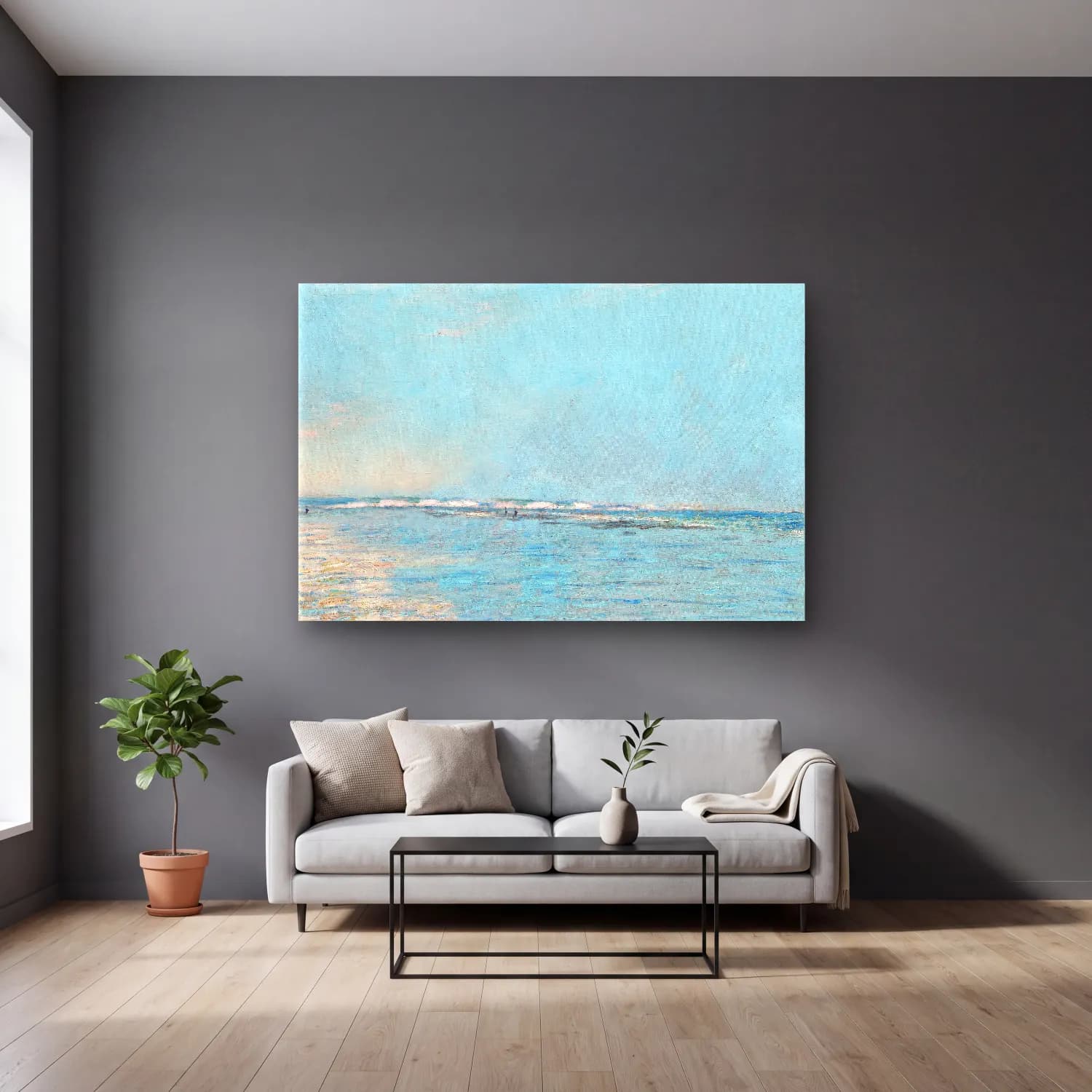 Claude Monet – Sakin Deniz Ufku cam tablo — gri duvarlı salonda