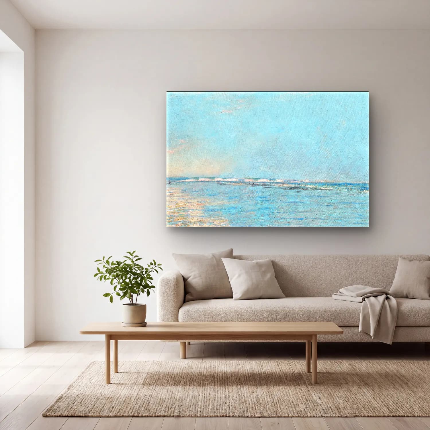 Claude Monet – Sakin Deniz Ufku cam tablo — açık renk salonda
