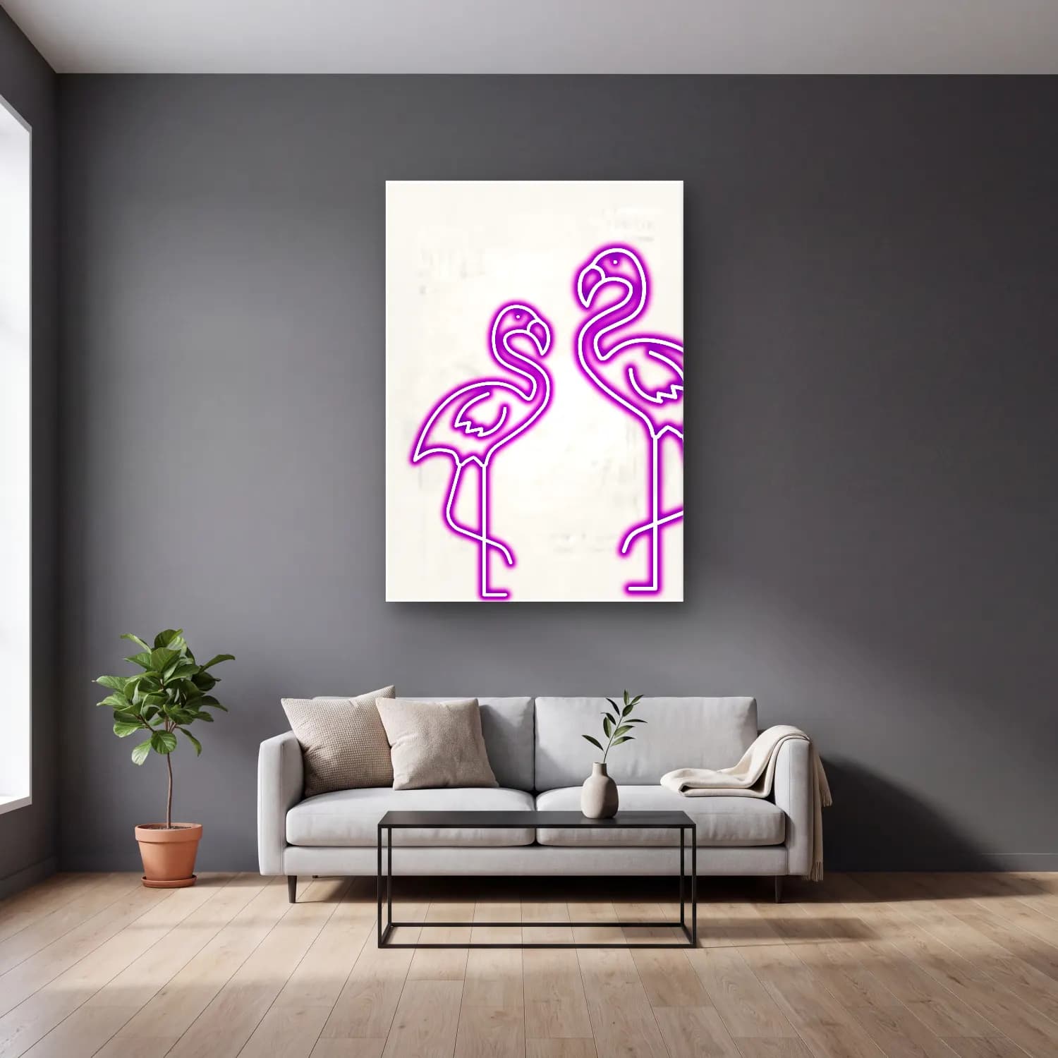 RETRO - TRENDY – Flamingo cam tablo — gri duvarlı salonda