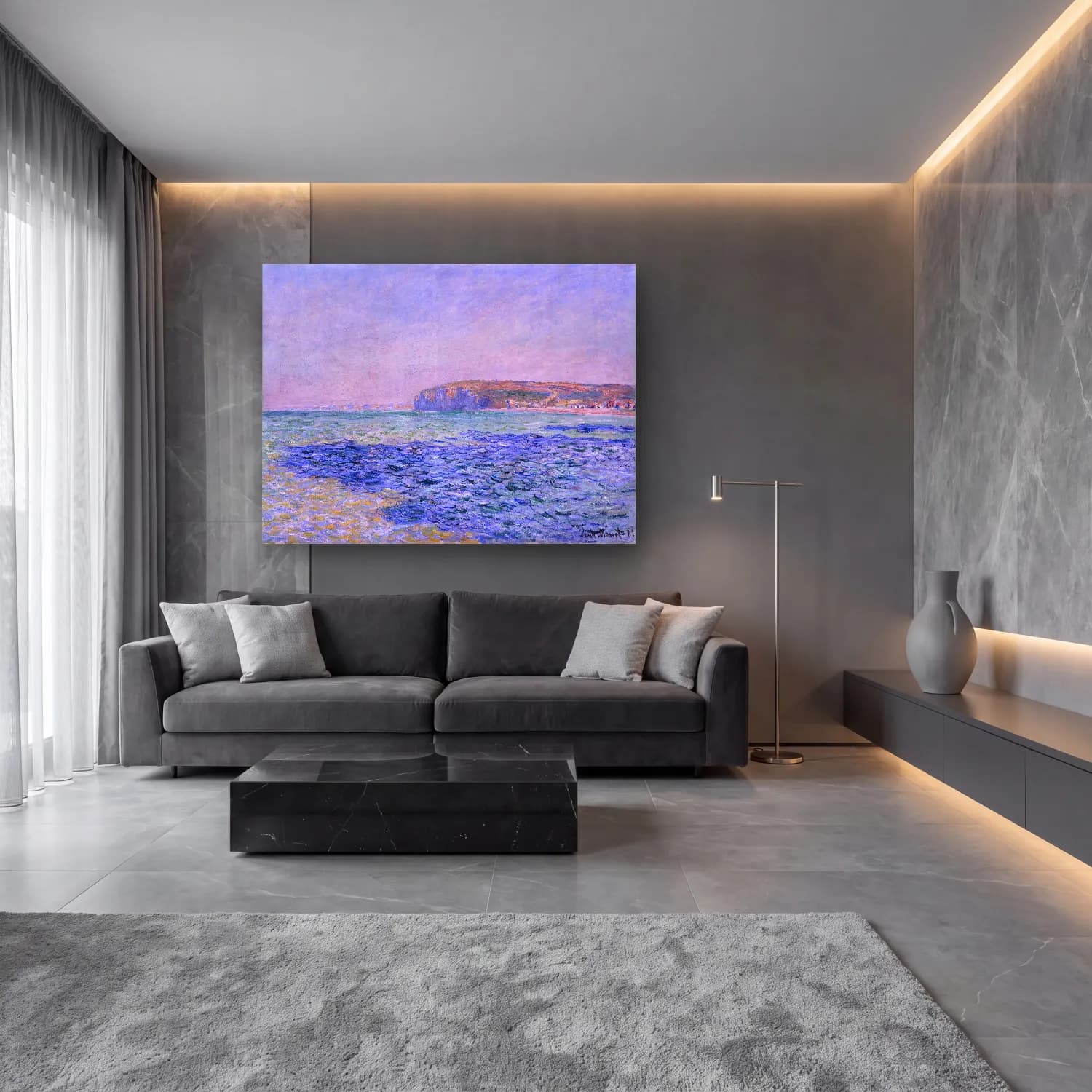 Claude Monet – Dalgalı Sahil cam tablo — lüks salon duvarında