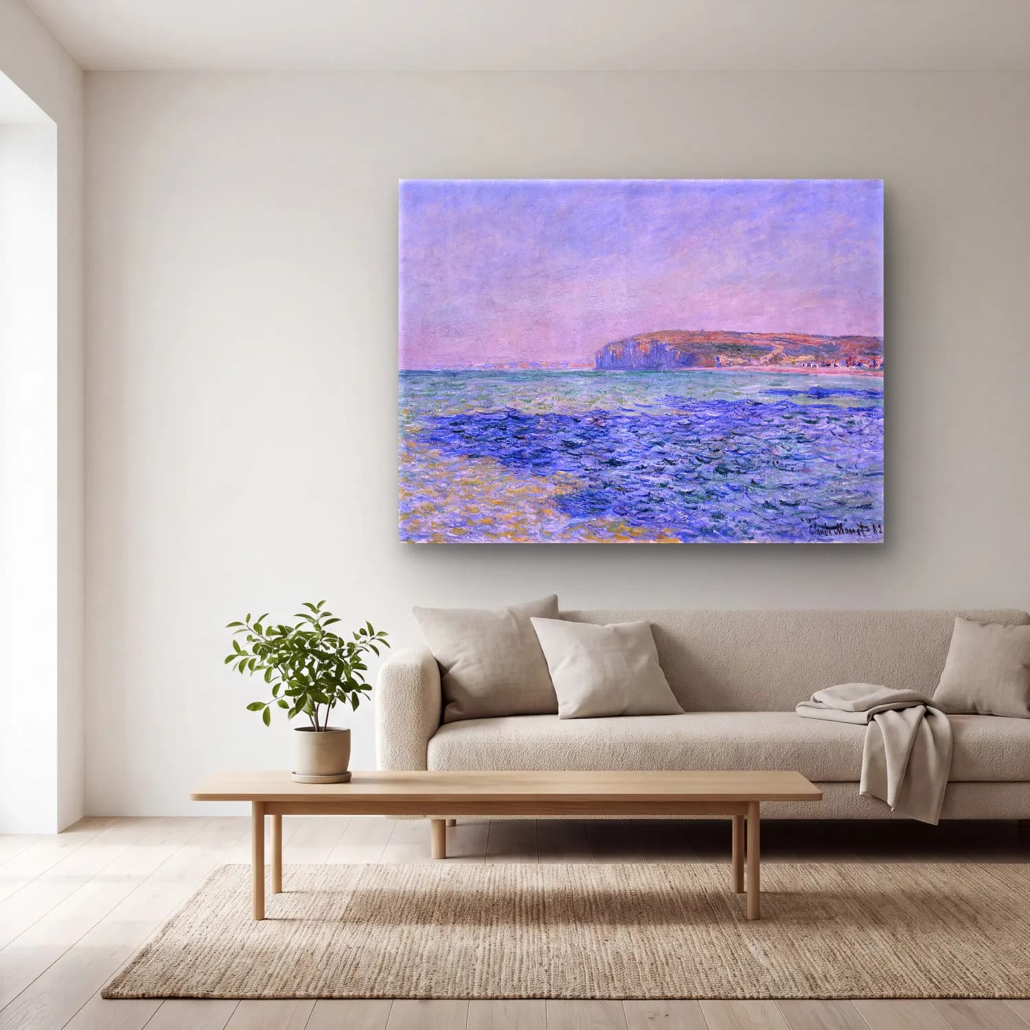 Claude Monet – Dalgalı Sahil cam tablo — açık renk salonda