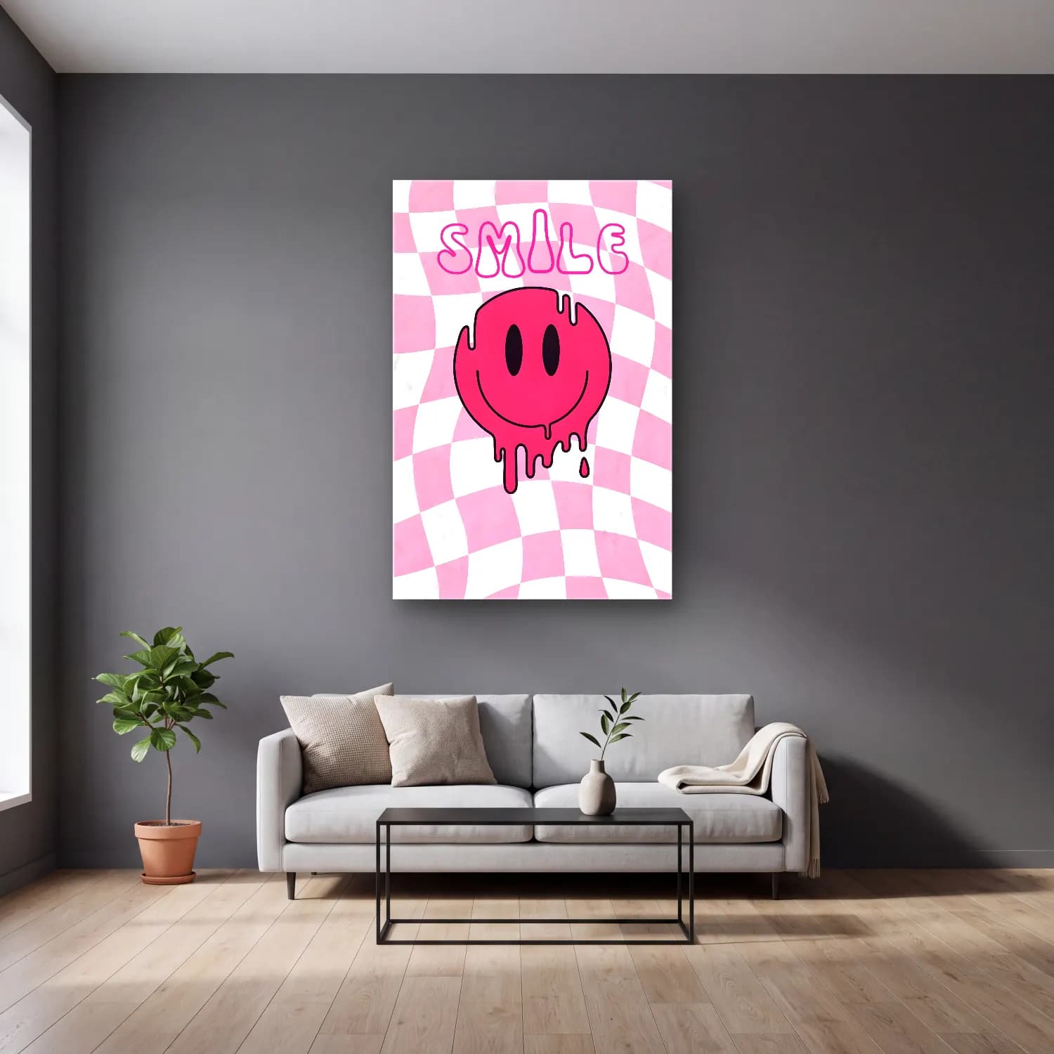 RETRO - TRENDY – Dama Deseni No. 8 cam tablo — gri duvarlı salonda