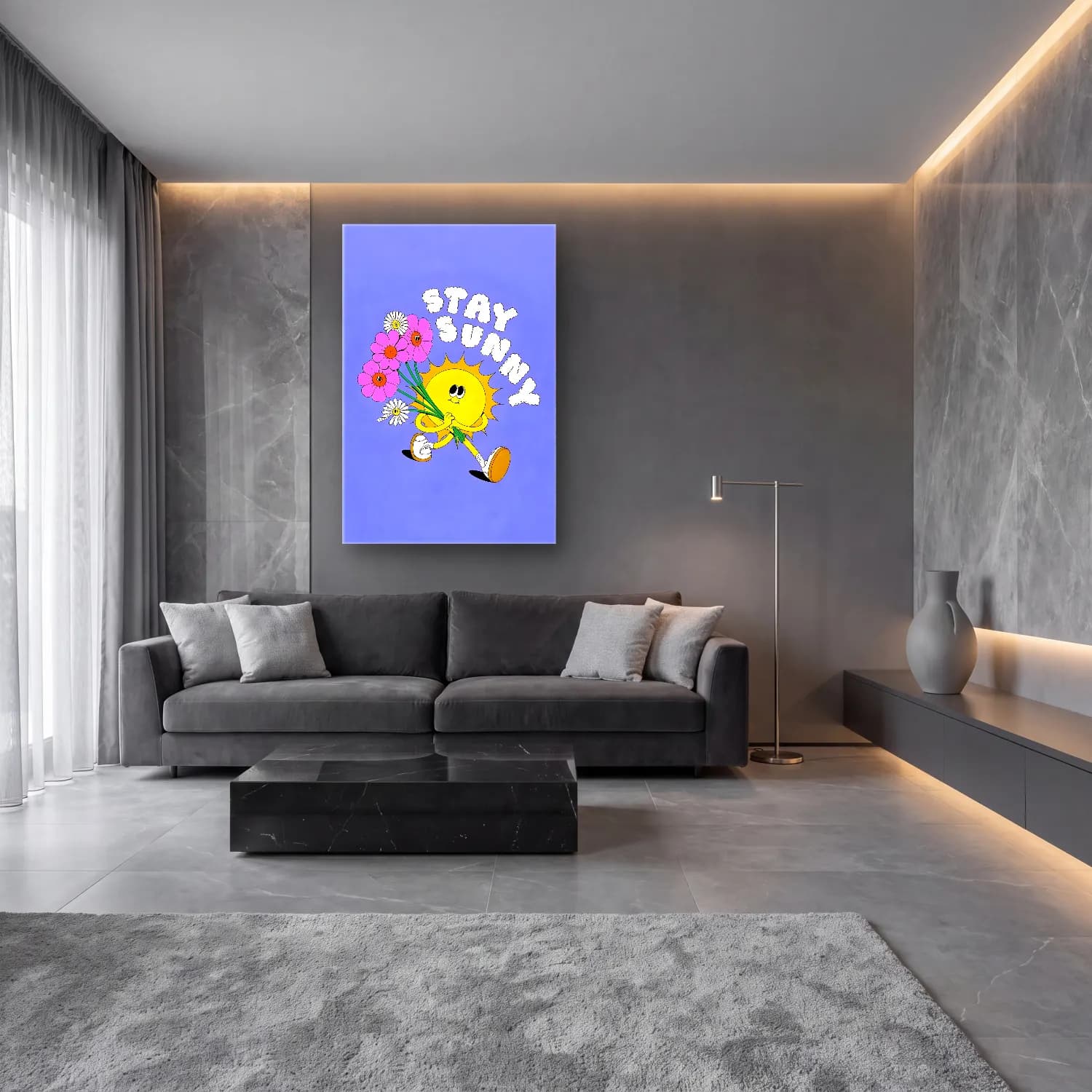 RETRO - TRENDY – Güneş ve Gökkuşağı – Sarı Tonlar cam tablo — lüks salon duvarında