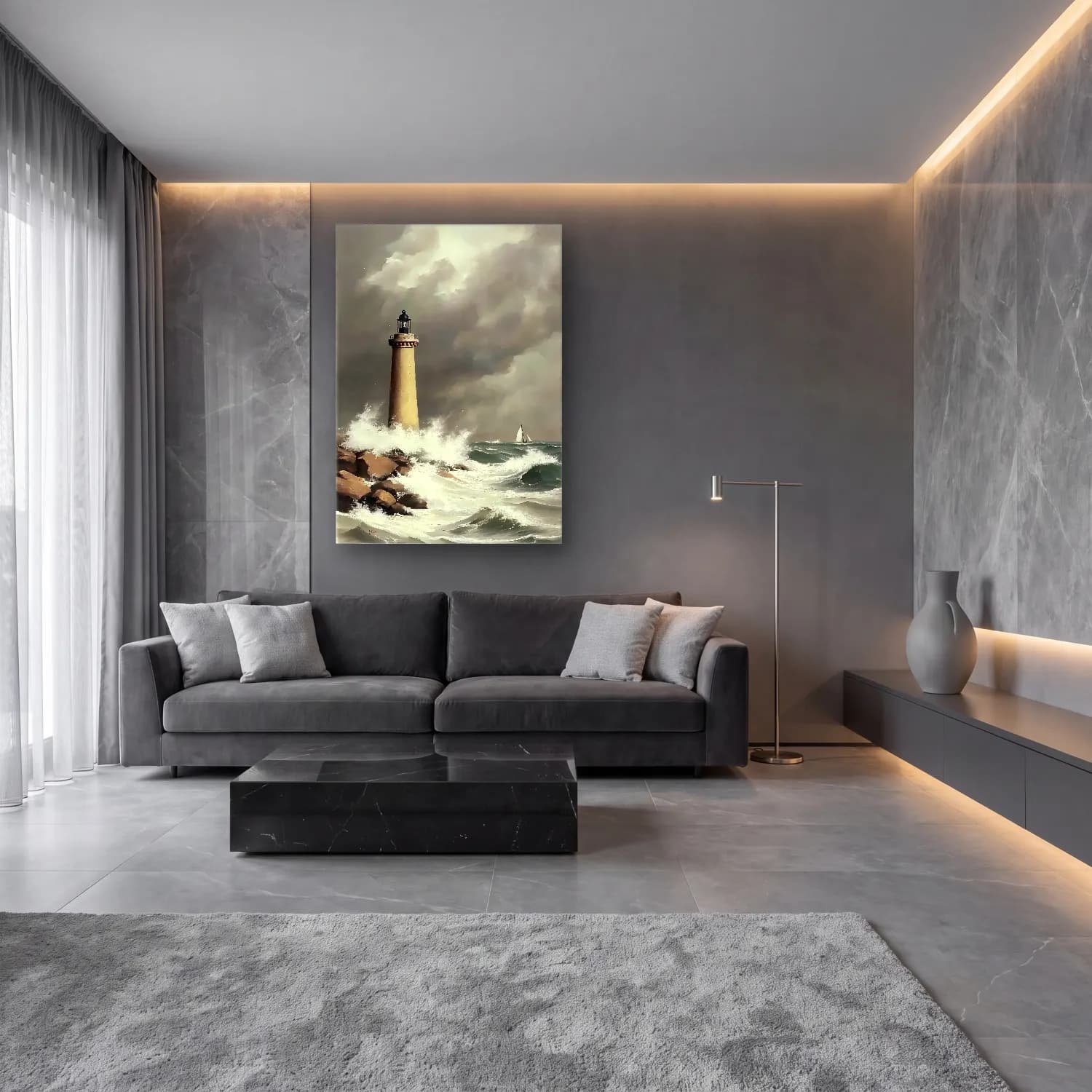 Yağlı Boya Fırtınalı Denizde Gemi No. 10 cam tablo — lüks salon duvarında