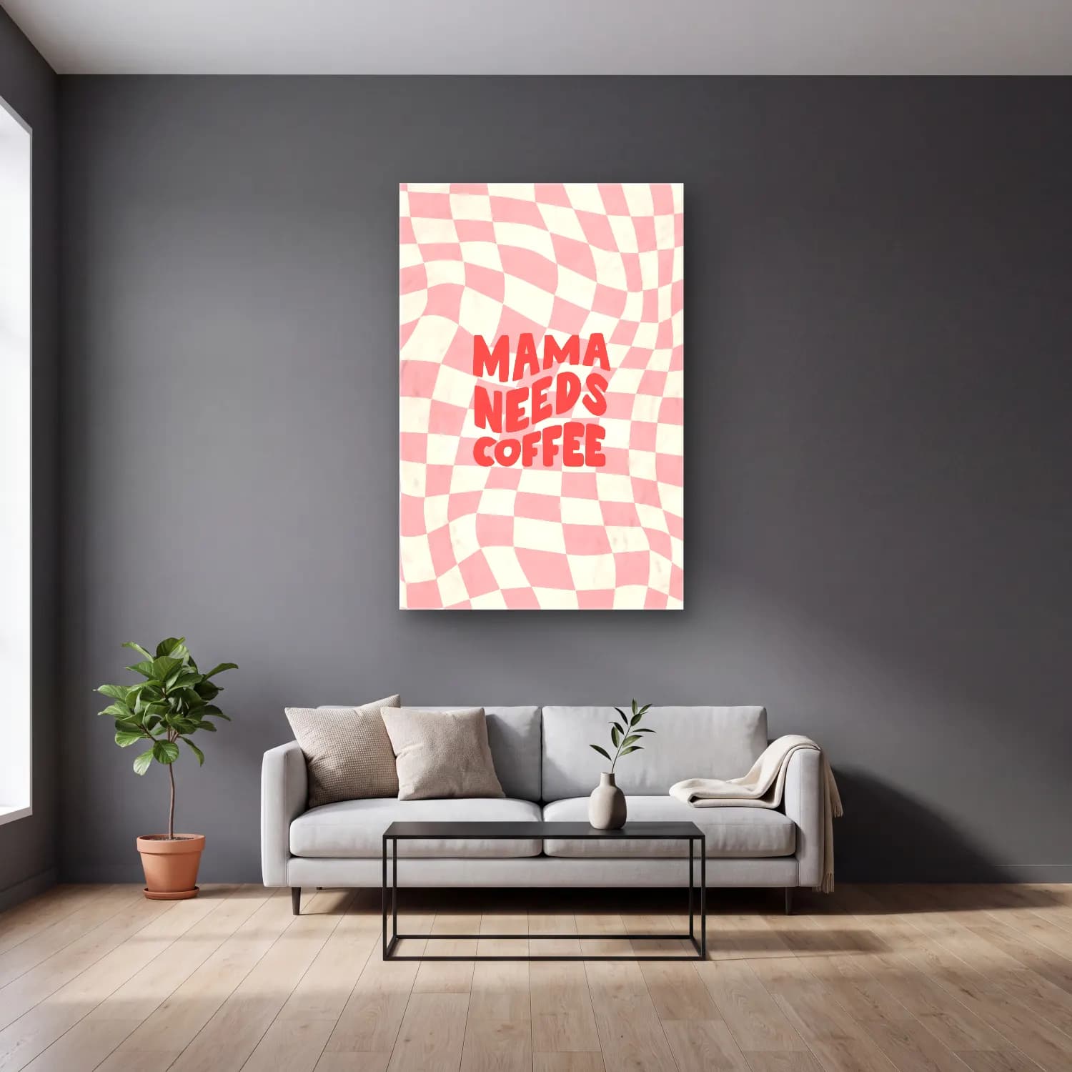 RETRO - TRENDY – Dama Deseni No. 10 cam tablo — gri duvarlı salonda